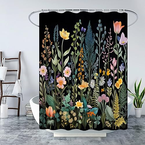 Miniatura 2 de Cortina de ducha de hierbas florales negras, cortina de baño botánica estética natural con ganchos