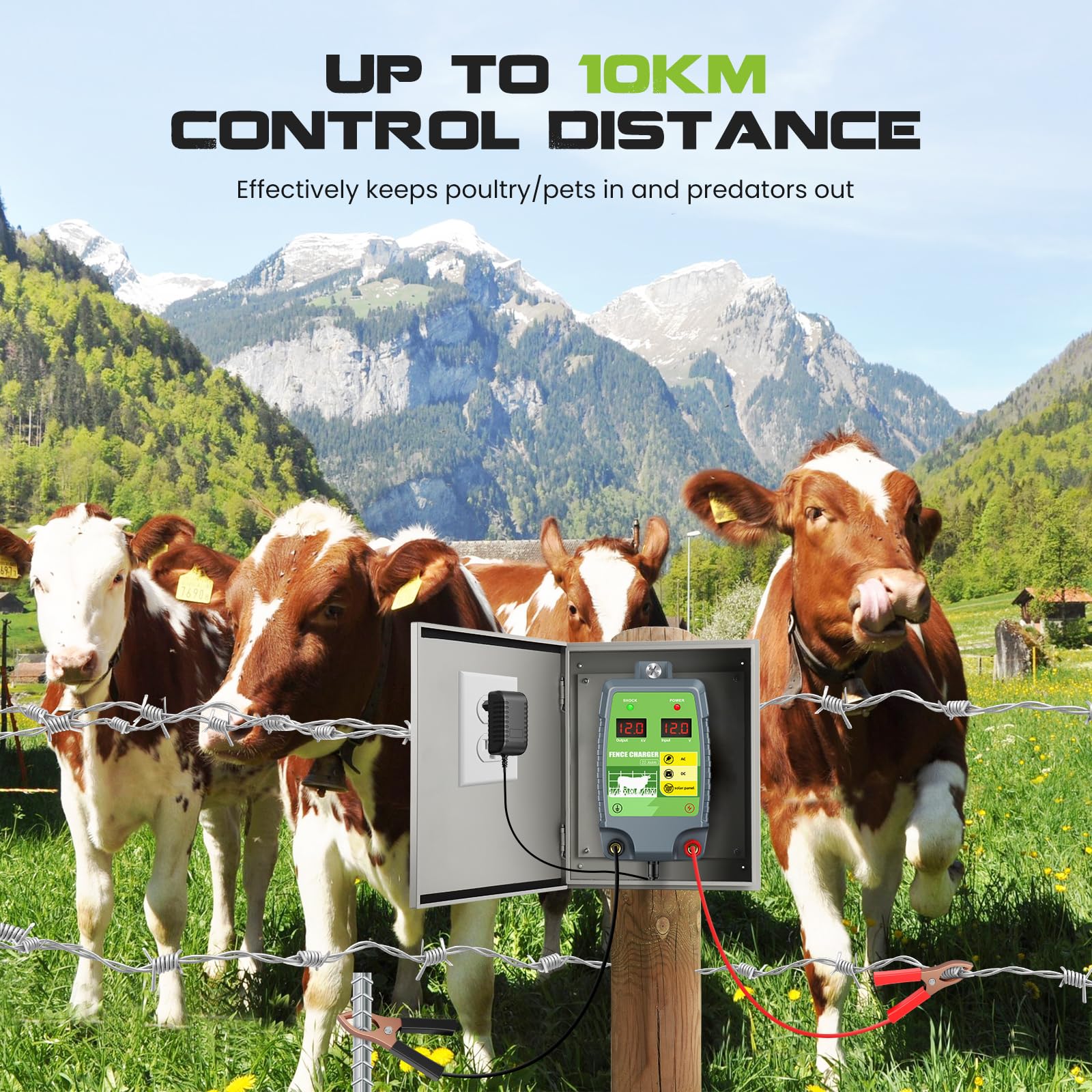 Dispositivo di recinzione elettrica 2J 10 km Gamma di controllo Energizzatore di recinzione elettrica impermeabile con display a LED 3 opzioni di alimentazione per agricoltori, allevatori