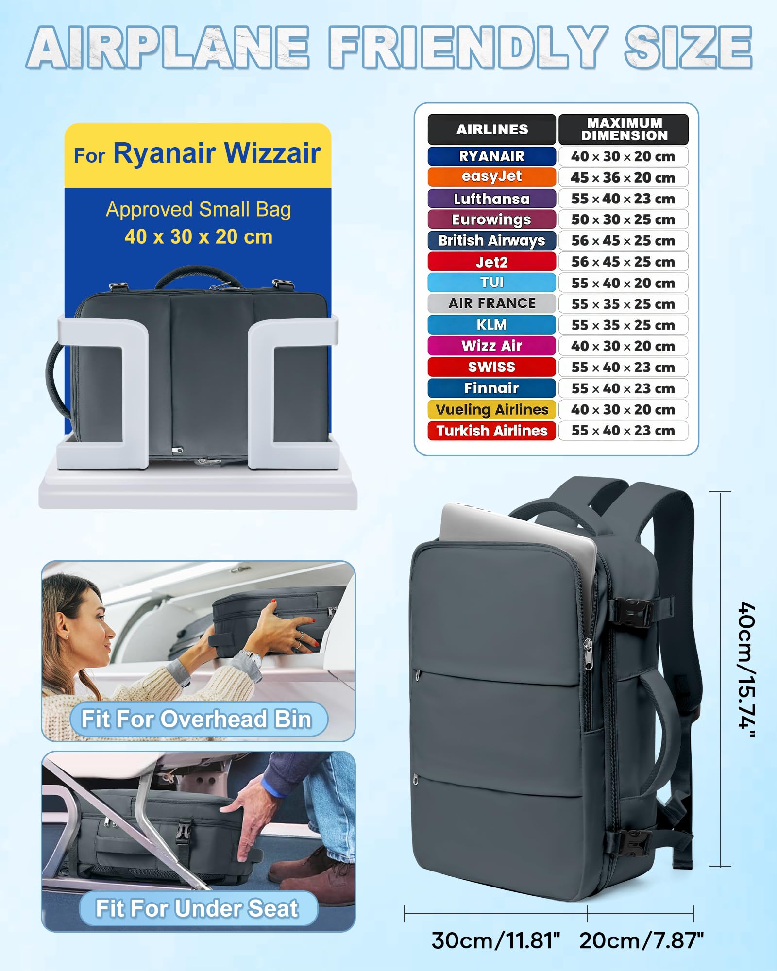 SZLX Zaino Ryanair 40x30x20 Sottovuoto Zaino da Viaggio 40x20x25 Bagaglio a Mano 40x30x20 Wizzair Donna Uomo Borsa da Cabina per Easyjet 45x36x20 Adatto a Laptop da 14 Pollici Impermeabile per Lavoro