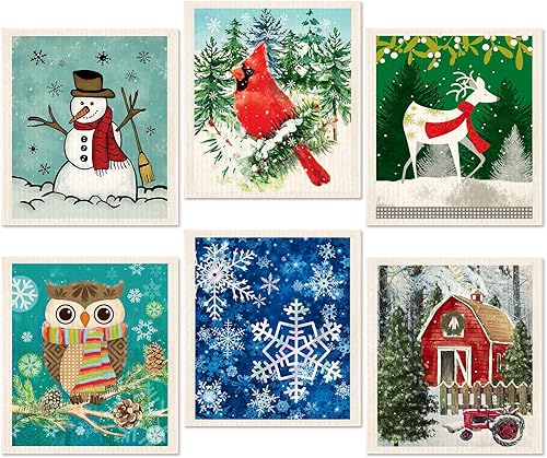 Morigins Happy Winter - Paños de cocina suecos reutilizables, absorbentes y de secado rápido, paños de limpieza para cocina, 6 piezas