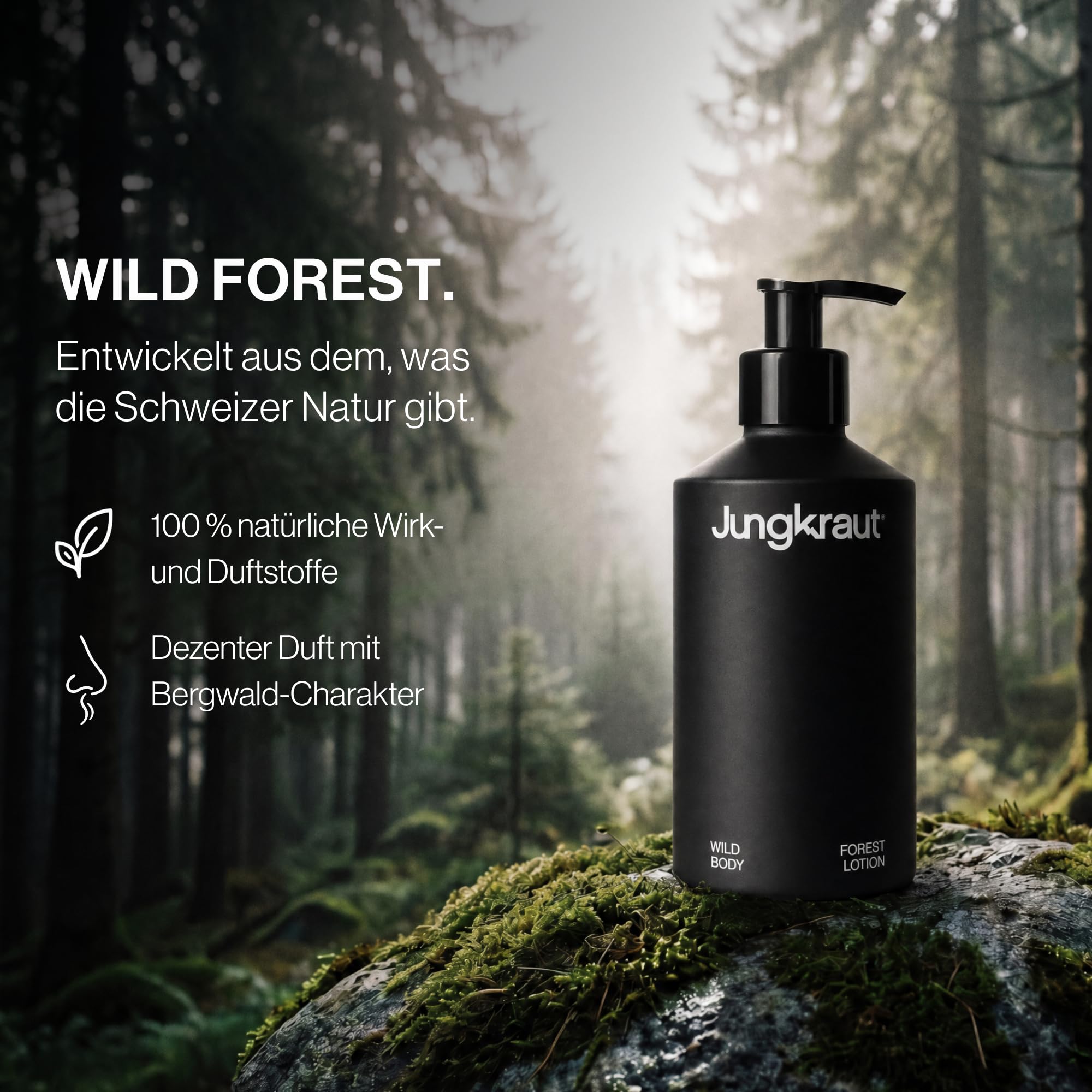 Wild Forest Body Lotion Set Männer 300ml Aluflasche + 300ml Refill, natürliche Körperlotion, ultraleicht, nicht klebend, Swiss Made, vegan