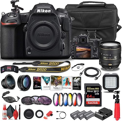 Nikon D500 DSLR Camera (Body Only) (1559) + Nikon 16-80mm Lens + 64GB Memory Card + Case + Corel Photo Software + 2 x EN-EL 15 Battery + LED Light +