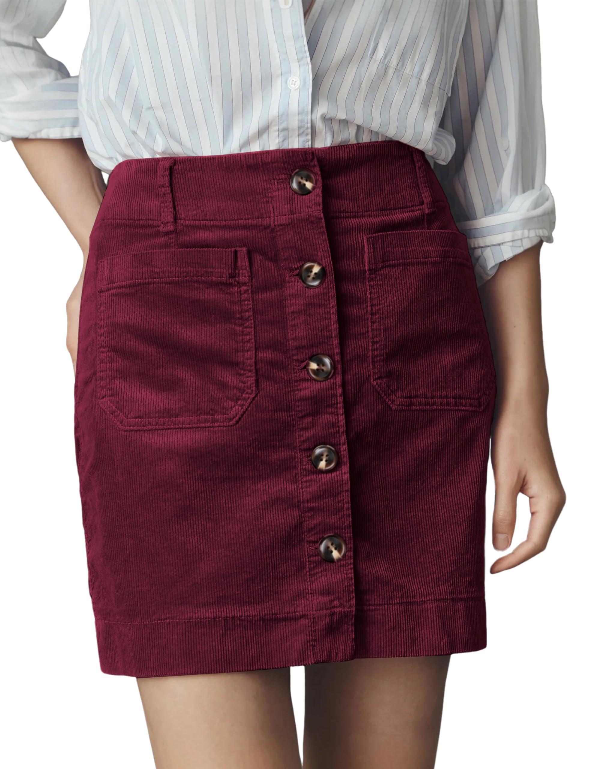 Dqbeng Womens Corduroy Mini Skirt High Waisted Button Front Short Skirt Casual A Line Corduroy Skirt with Pockets
