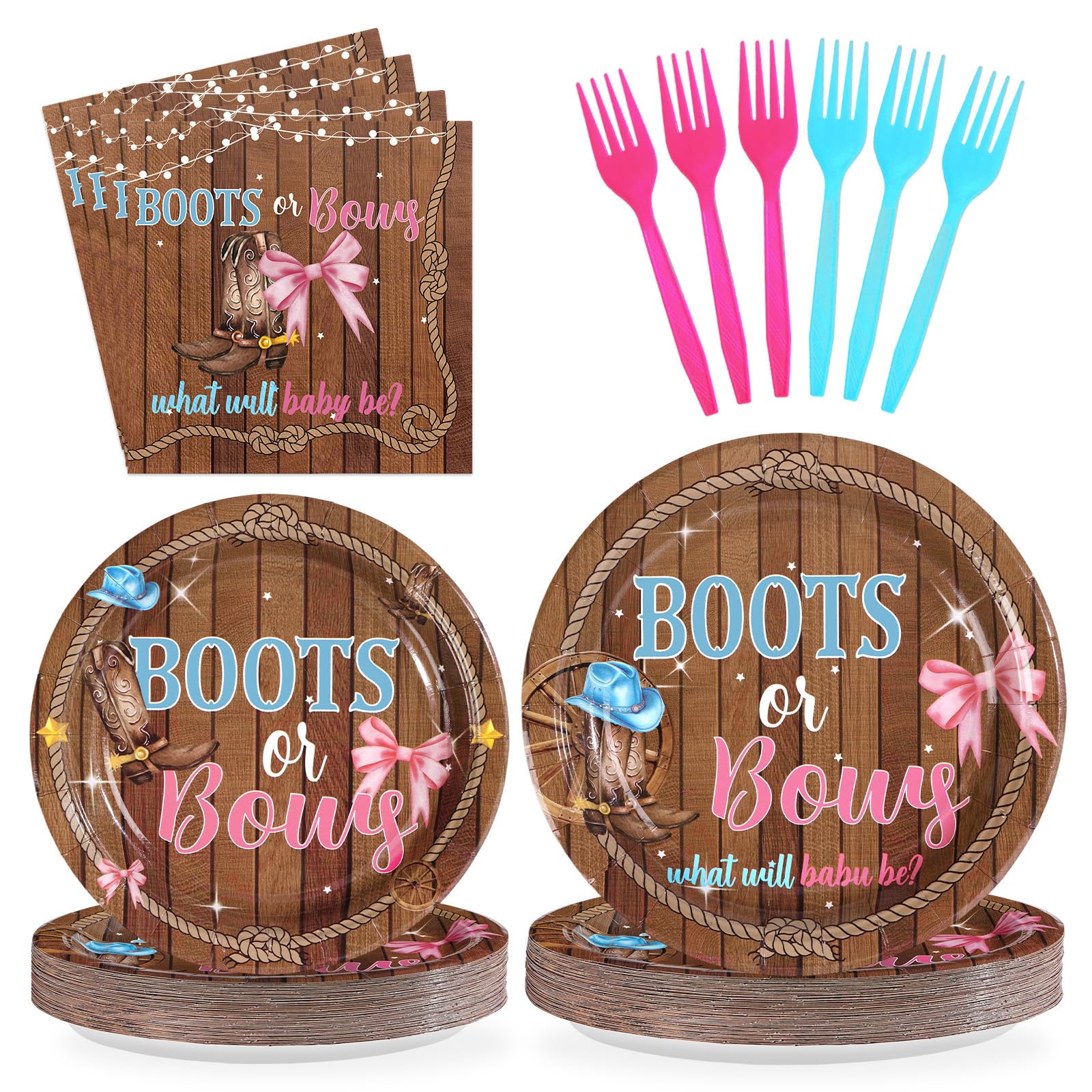 Grencian 96 Pcs Boots or Bows Gender Reveal Decorations What Will Baby Be He or She Paper Plates and Napkins Disposable Blue or Pink Tableware Set for