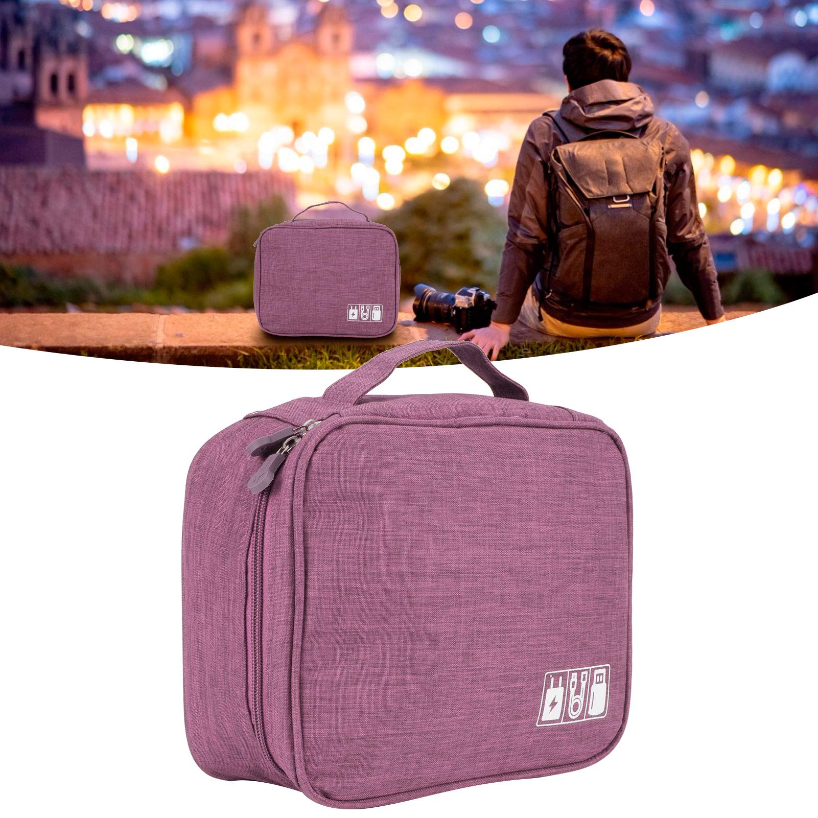 Cable Storage Pouch, Cationic Fabric with Mesh Pockets Electronic Organizer, Chargers Organizer for Ear Phones Travelling USB Cable Office(Purple)