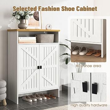 31.5W Farmhouse Shoe Storage Cabinet with 2 Barn Doors, 5-Tier Shoe Organizer with Shelves,Large Capacity Shoe Rack Cabinet for Entryway, Hallway, Living Room, White
