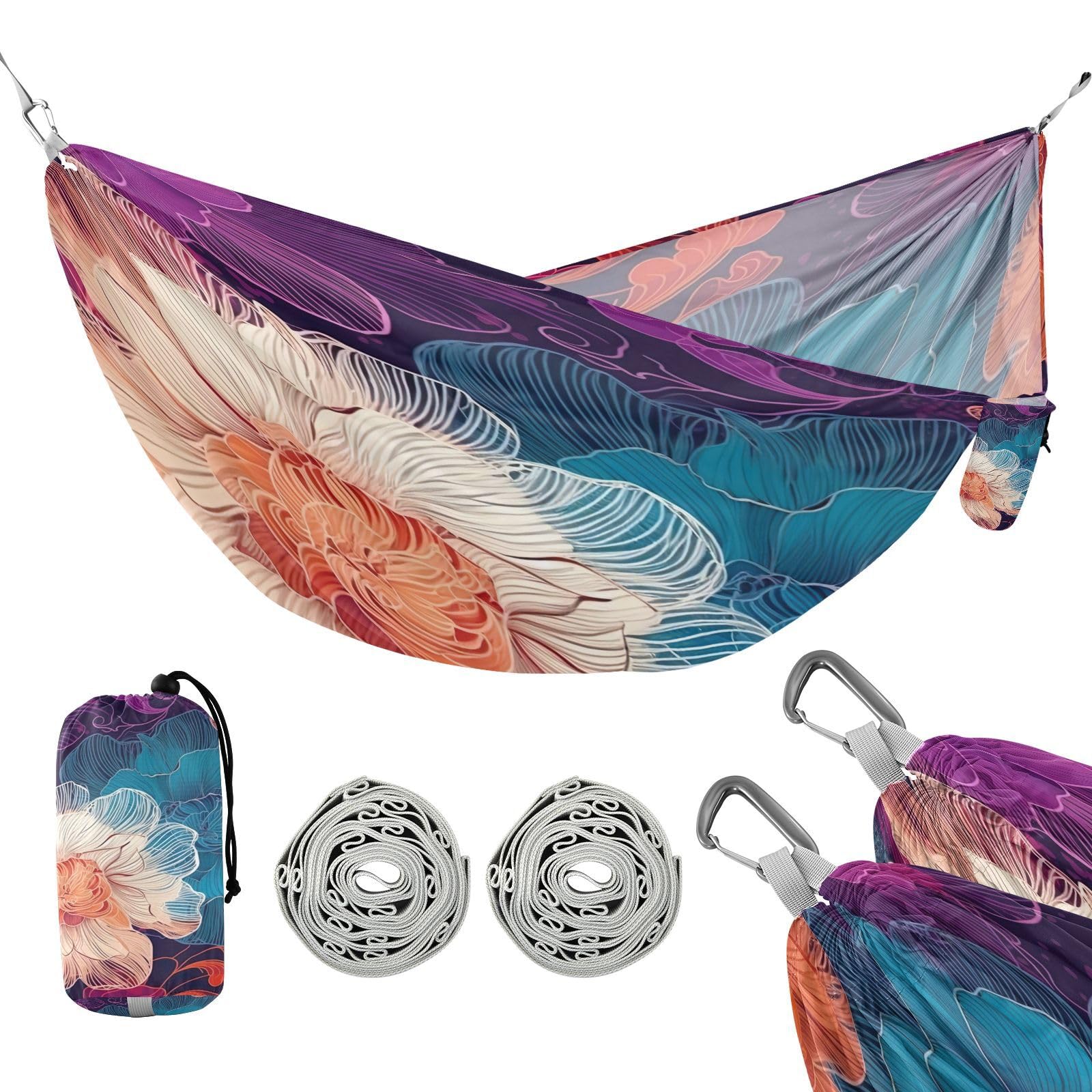 SDMKA Colorful Line Flower Camping Hammock, 330 lbs with 2 Tree Straps, Carry Bag, Single Portable Hammock for Outdoor/Indoor, Hiking, Beach, Backpacking, Travel