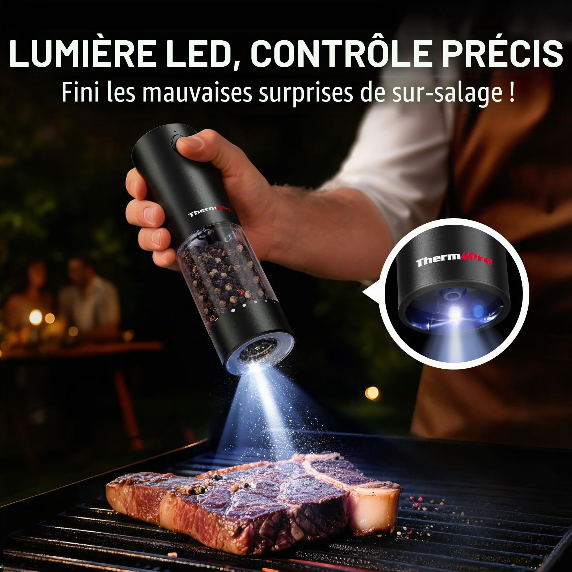ThermoPro Ensemble de moulins à sel et à poivre électriques rechargeables 110ml avec réglage externe LED