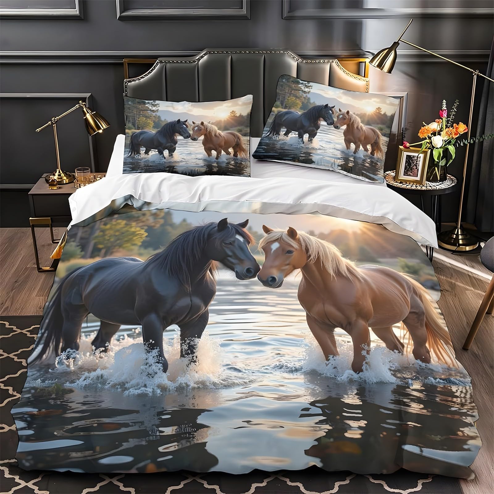 Ypthriline Small Single Duvet Cover Set Galloping Horse Bedding Set Microfiber Animals Duvet Covers with Pillowcases Reversible Bedding With Zipper Closure 120x150CM