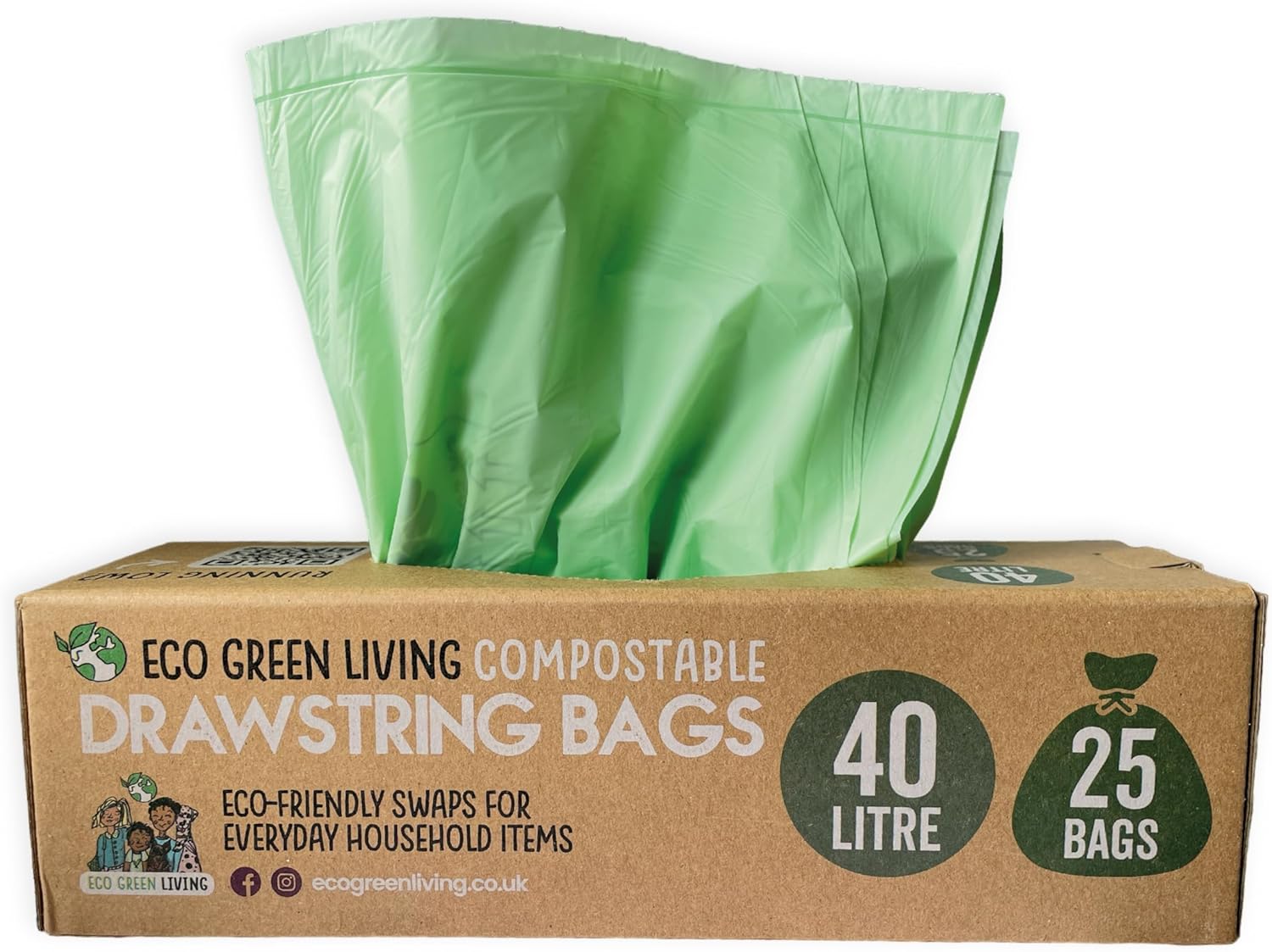 Ecogreenliving 40L Compostable Drawstring Bag, 40 Litre Bin Bags, Eco