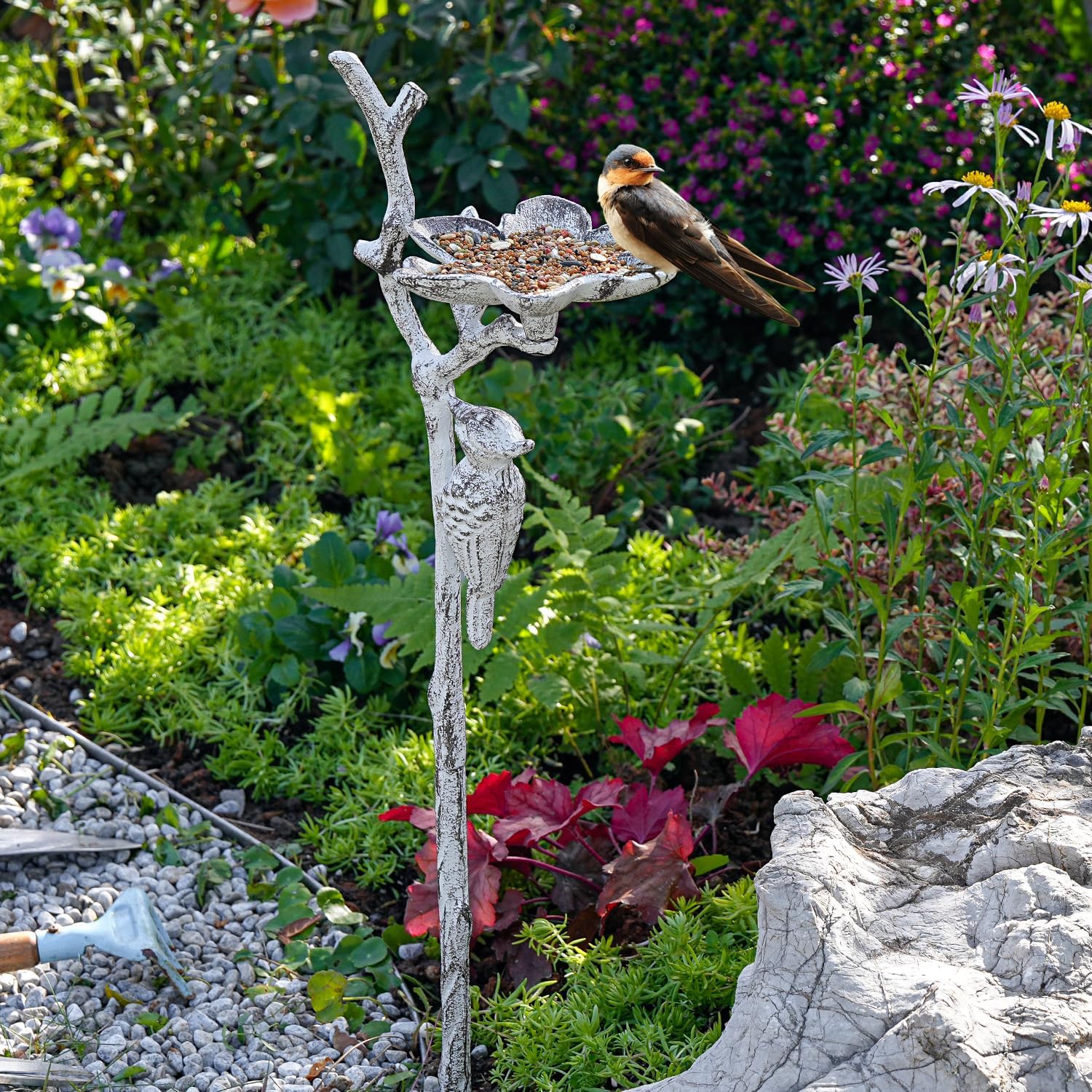 Sungmor Vintage Cast Iron Bird & Flower Garden Stake - Decorative Metal Yard Ornament, Small Bird Feeder, 27.5" Tall Antique White Finish, Outdoor Lawn & Patio Décor, Rustic Garden Sculpture
