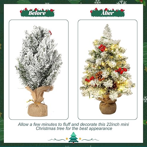 Miniatura 5 de Árbol de Navidad Uten Acoplado de Nieve Pequeño, Conos de Pino RedondosFrutas Rojas, 40 LED Impermeables Caja de Batería con Base de Cemento Mini