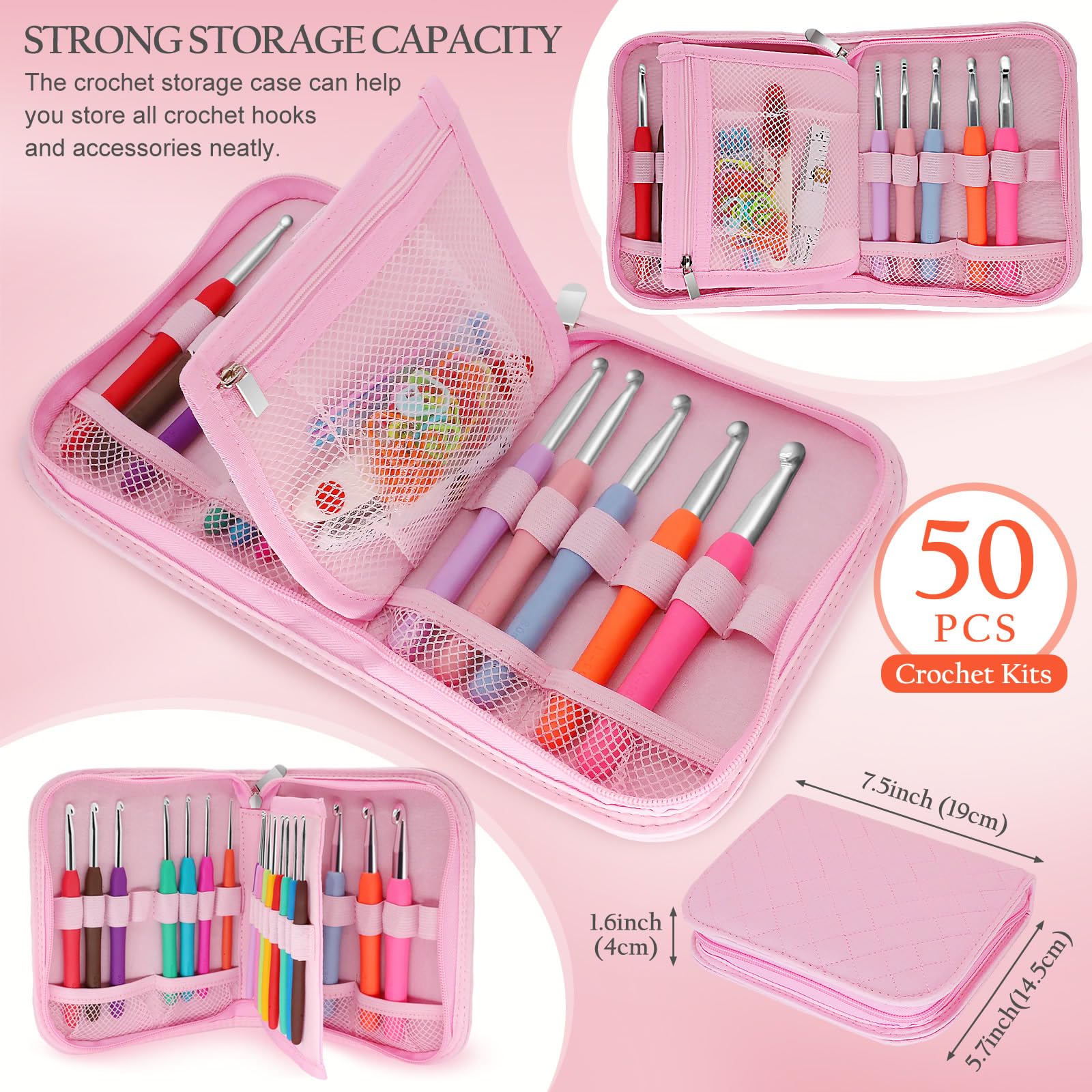 Blingcute Juego de 50 ganchos ergonómicos de ganchillo (0.6 mm-8.0 mm), ganchos de ganchillo para manos artríticas con accesorios de ganchillo, kit de agujas de ganchillo de metal con bolsa rosa para