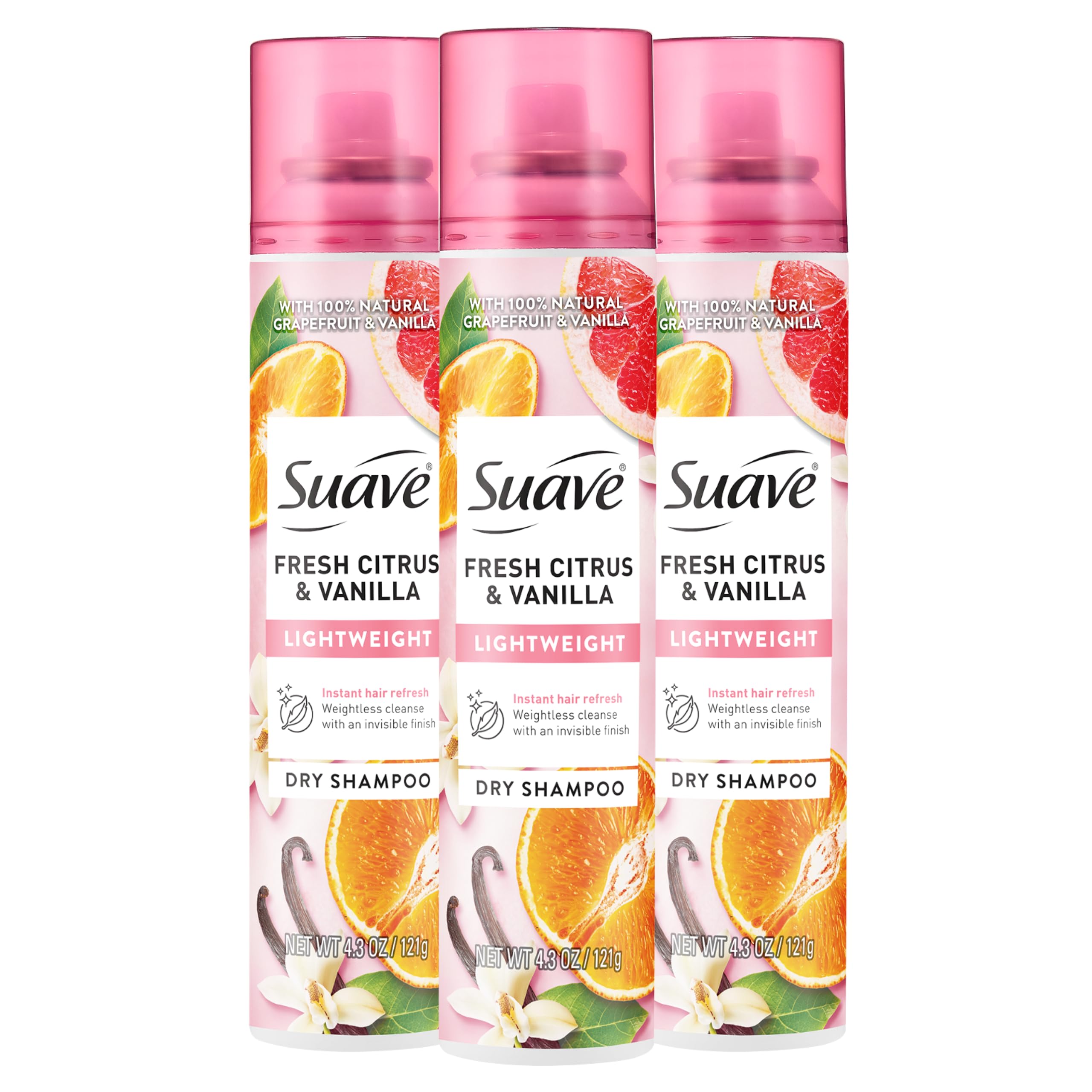 Suave Fresh Citrus and Vanilla Dry Shampoo, Invisible, 4.3 Fl Oz, 3-Count