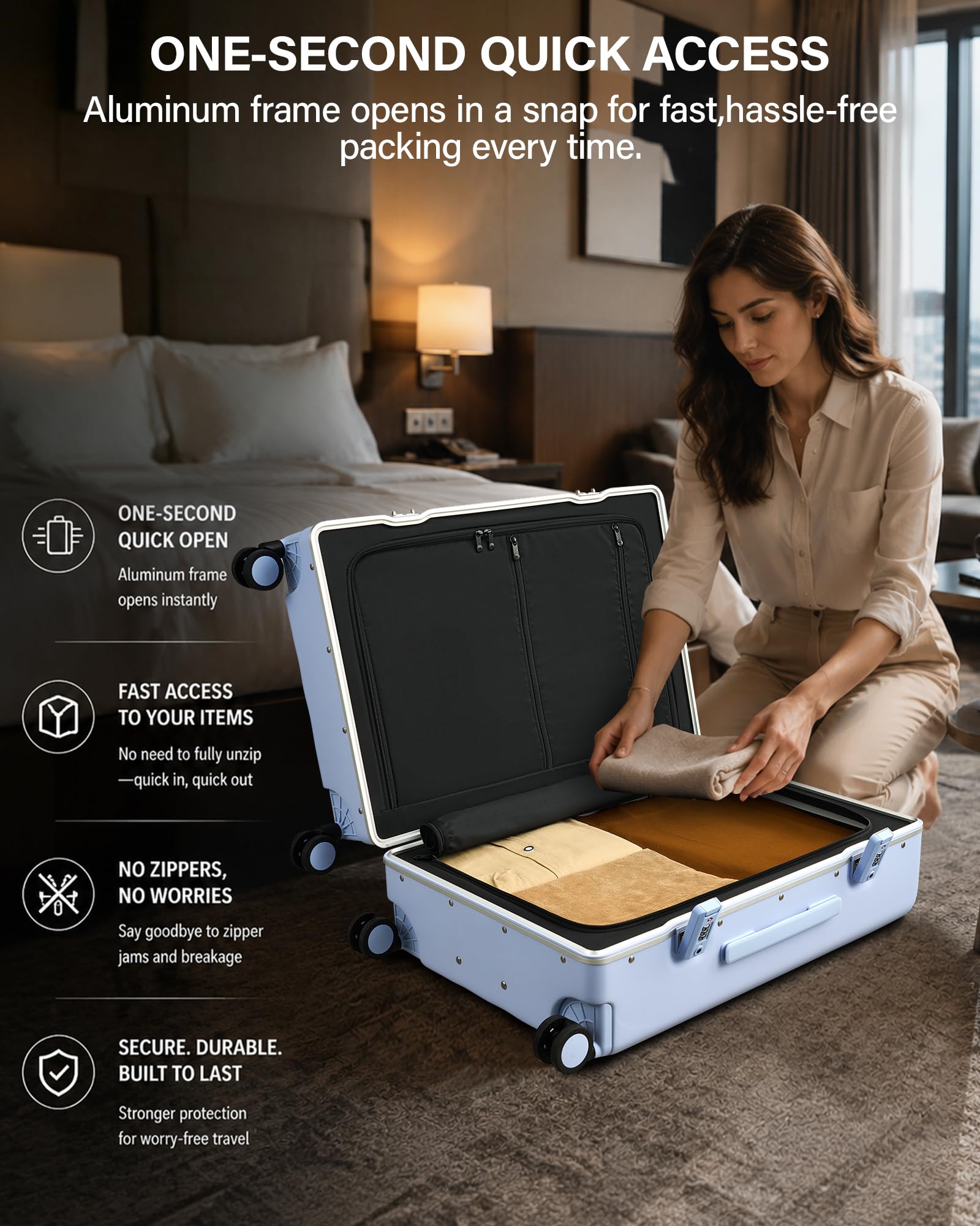 Hanke Collezione di bagagli senza cerniera Premium con serrature TSA, Blu nebbia (Mist Blue), 71 cm, Bagaglio Hardside Con Ruote Spinner