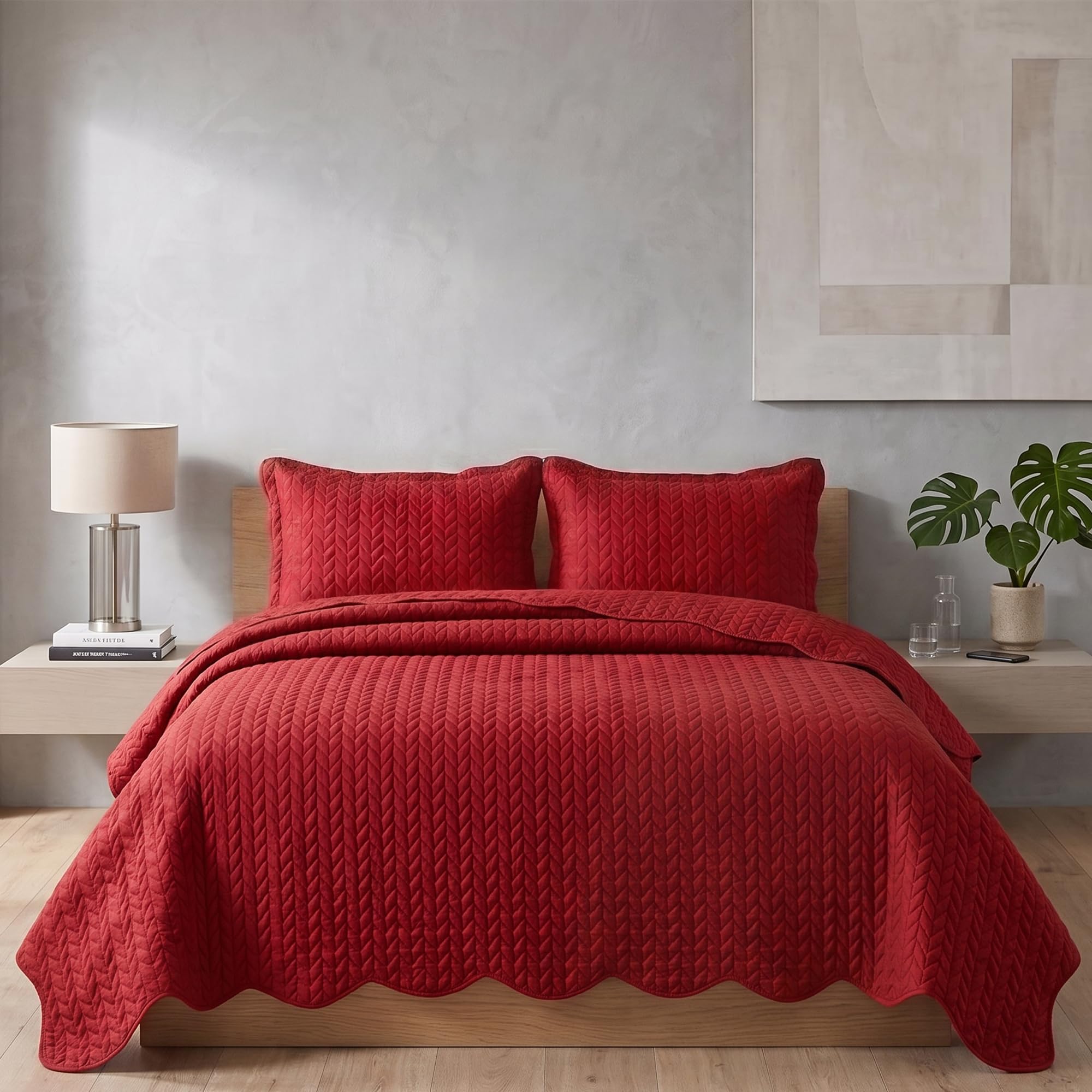 Rugs Garden Leaf Bedspread Bed Throw - Luxury & Stylish Matt Finish Lightweight Reversible Embossed Pattern Bedding Sets (Single, Red)