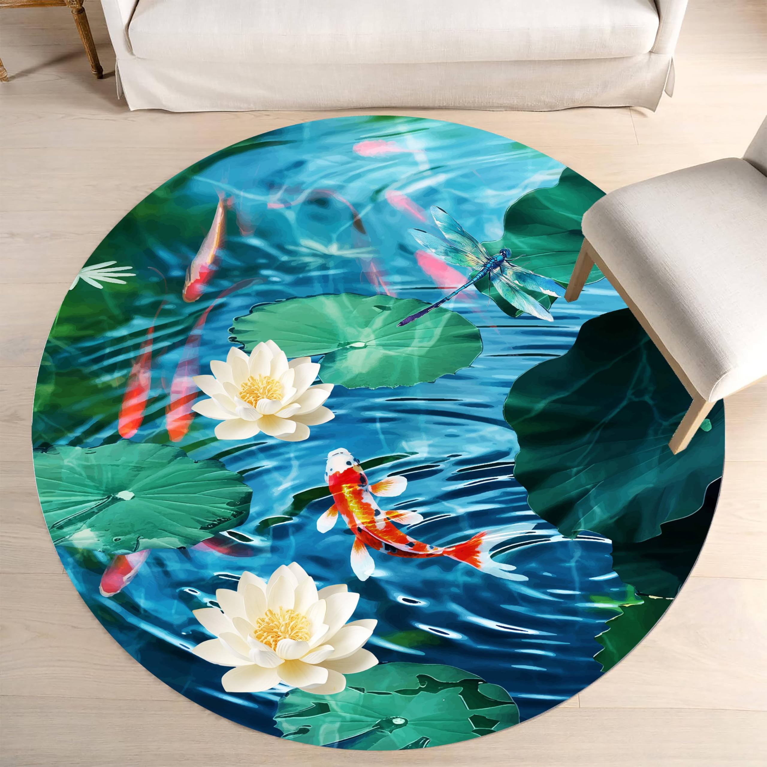 Kuluoits 3D Round Area Rug, 6ft, Natural Scenery Lotus Leaf Lotus Beautiful Round Indoor Floor Mat, Goldfish Dragonfly Clear Pond Pattern Washable