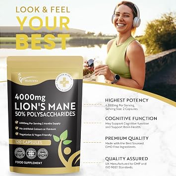 Lion's Mane Mushroom Extract 4000mg - 120 High Strength Vegan Capsules, 2 Months Supply - Brain and Focus Supplement for Better Cognitive Health - (Not Powder or Tablets) UK Made GMO Free