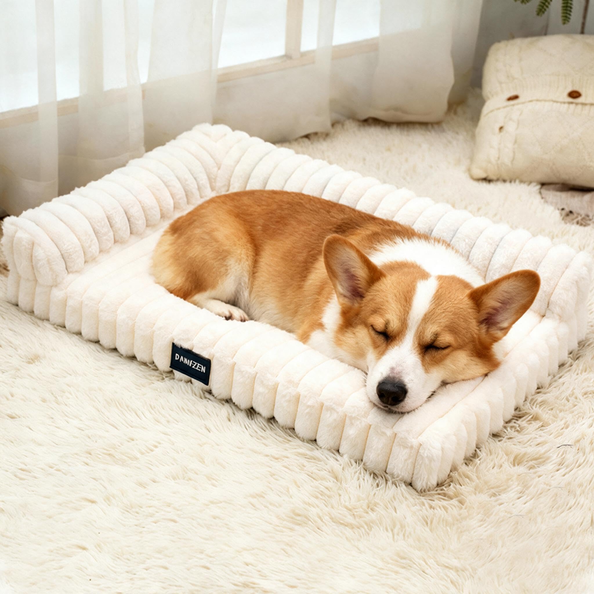 LiveGo Orthopedic Large Dog Bed, Fluffy Egg-Crate Foam Pet Sofa with 2-Sided Bolsters, Washable & Waterproof Removable Cover, Anti-Slip Base, Ivory - for Dogs up to 45kg (Off-white, 120 * 75 * 18cm)