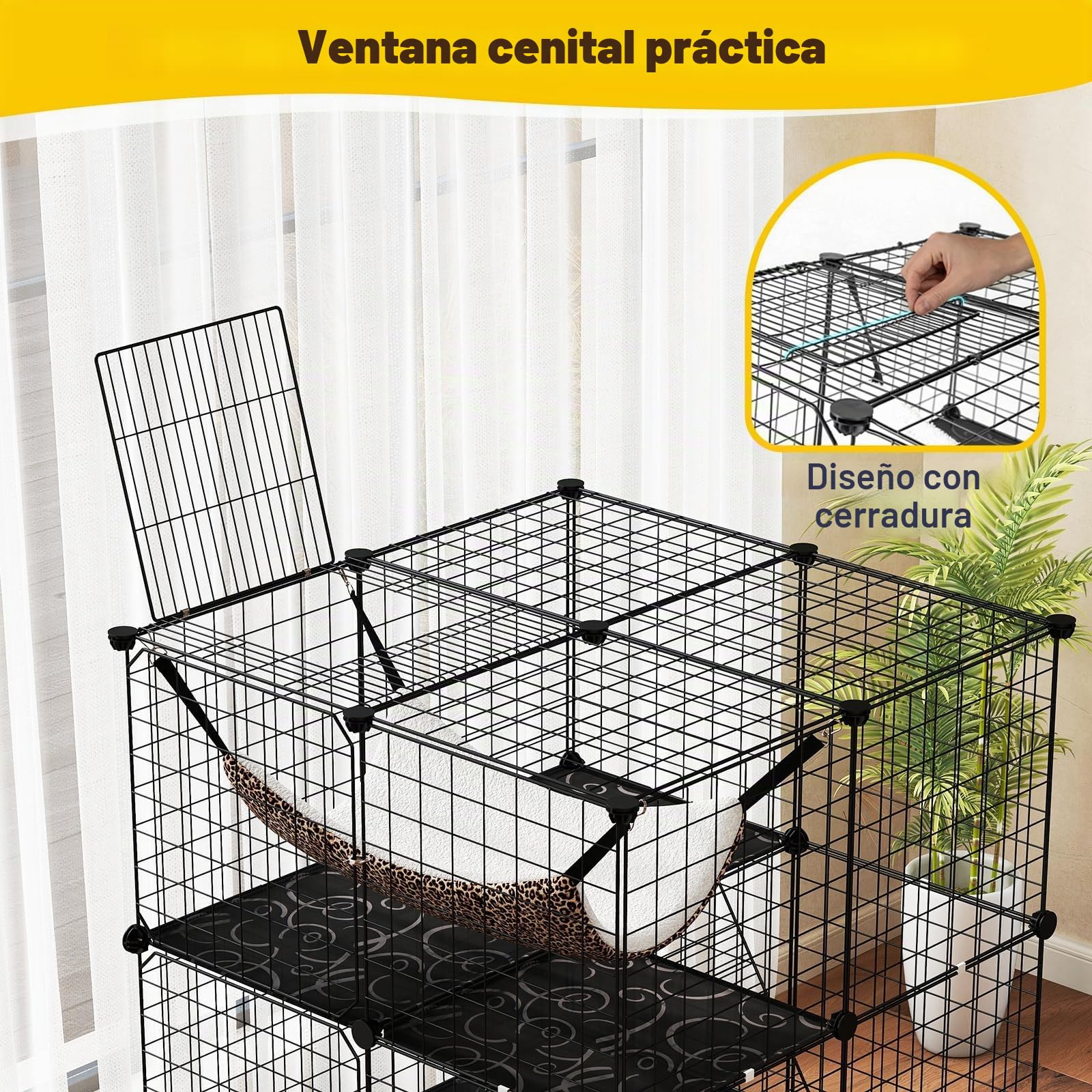 FANTASK Jaula de Alambre de Metal de 3 Pisos para Gatos, 74 x 74 cm, con Hamaca, Escaleras y Puertas