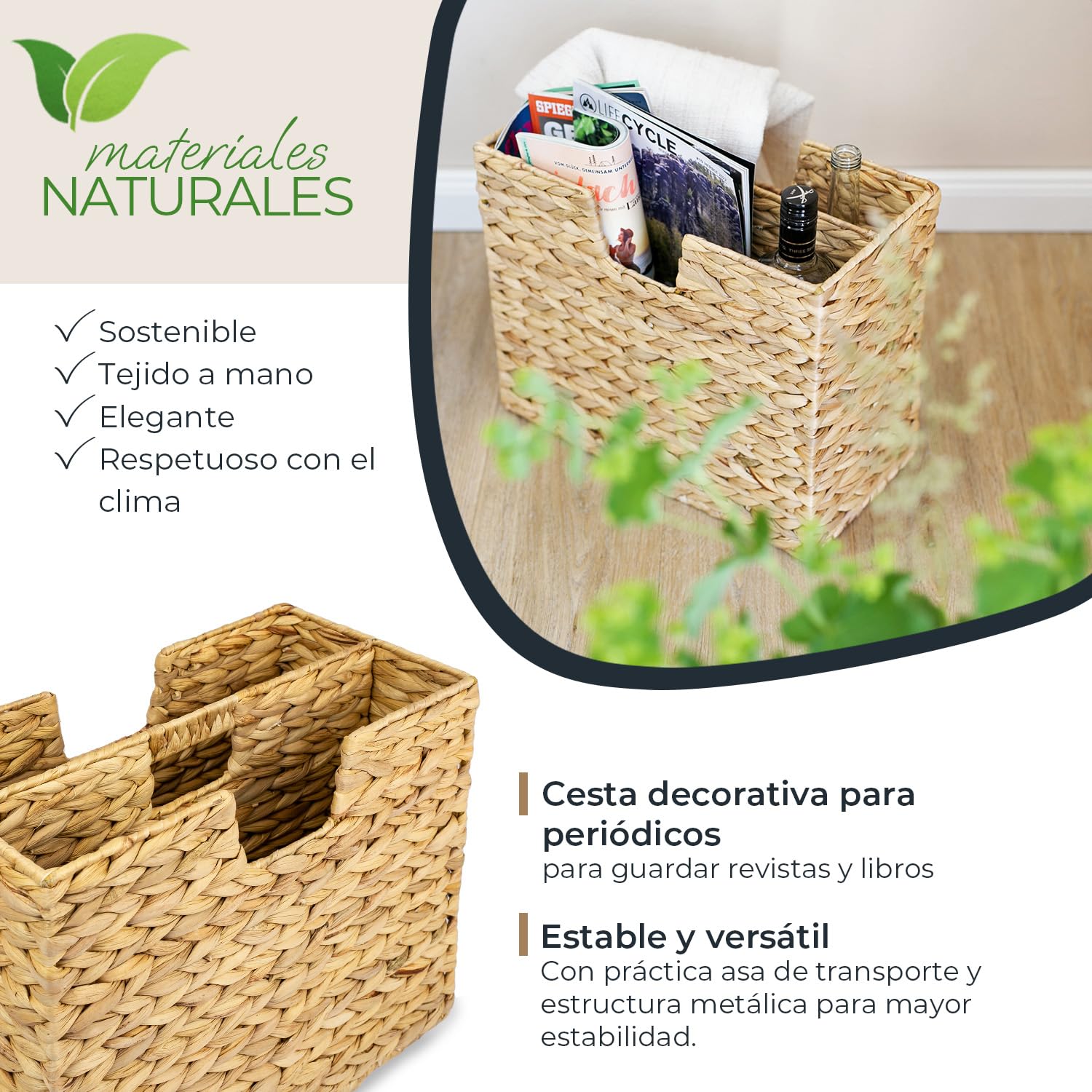 HMF Revistero trenzado de jacinto de agua, 40 x 20 x 33 cm, 2 compartimentos