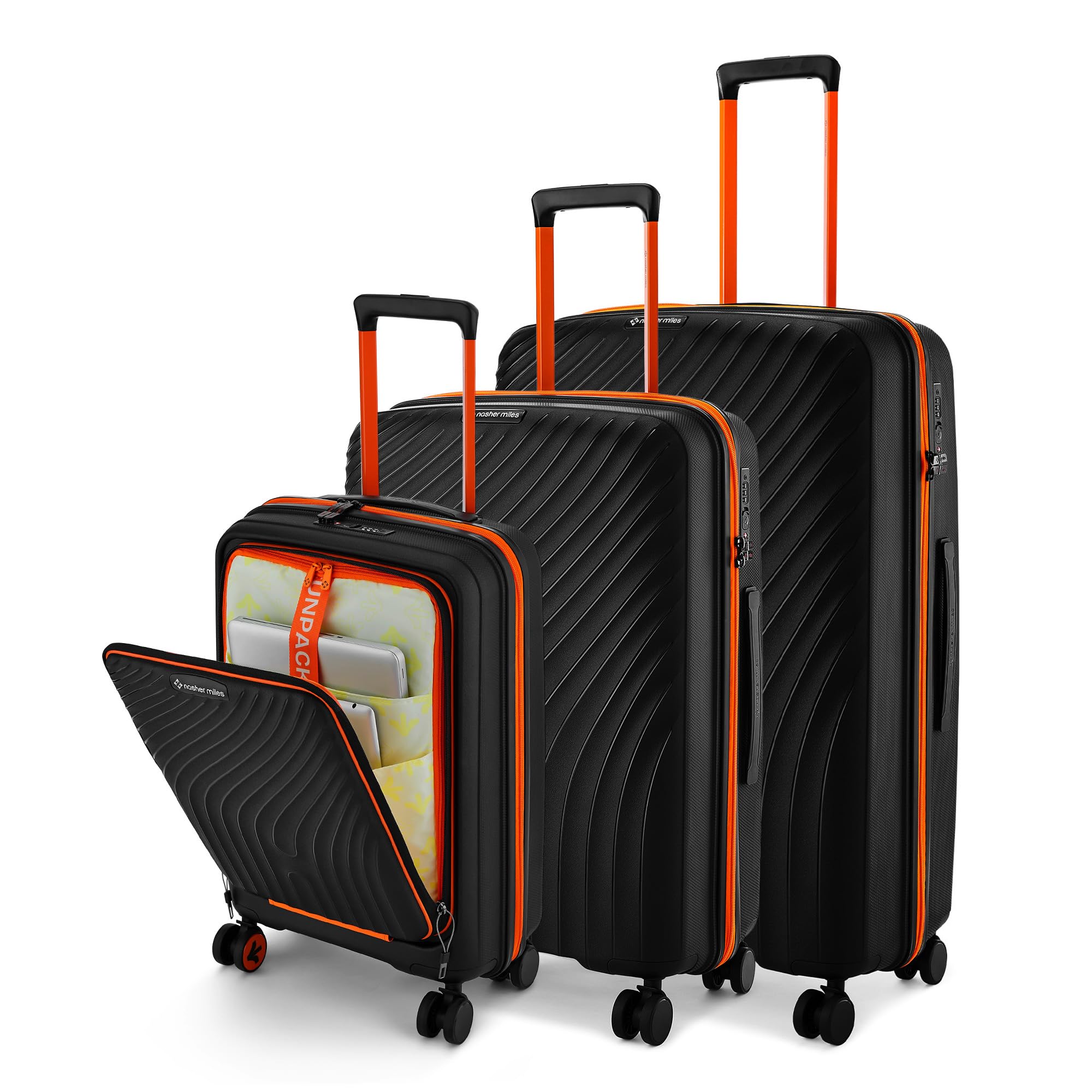 Capri Hard-Sided Polypropylene Luggage Set of 3 | 55cm, 65cm & 75cm | 8 Wheels Small, Medium & Large Trolley Bag for Travel | Suitcase (Black & Orange)-image-48