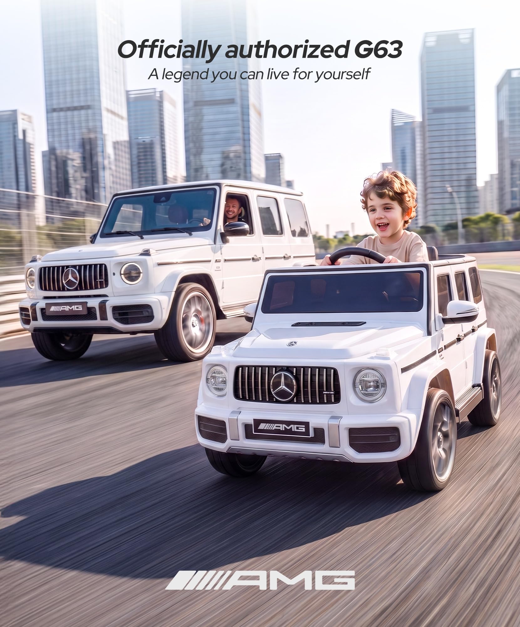 ELEMARA Mercedes-Benz AMG G63 - Auto elettrica per bambini con controllo genitori, giocattolo per camion con sospensioni a molla, Bluetooth, luci tremolanti/luci LED, bianco