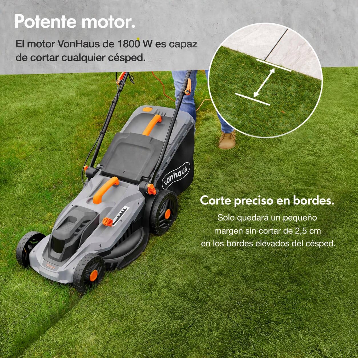 VonHaus Cortacésped Eléctrico - Cortadora de Césped Eléctrica, 380-430 mm de Ancho de Trabajo - Bolsa de 42-52 L, Manillar Plegable y Ajustable, 5 Niveles de Corte, Asa de Transporte (1800 W)