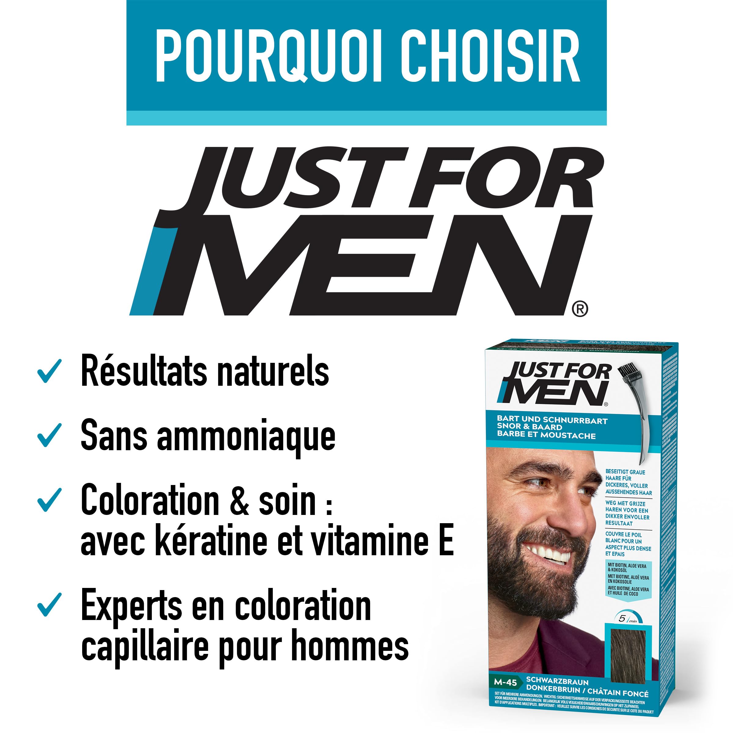 Just For Men Barbe & Moustache, coloration Barbe Homme, Naturel, Sans Ammoniaque, Élimine les Poils Gris, Avec Peigne Applicateur, Couleur Noir M55 - (3 pack)