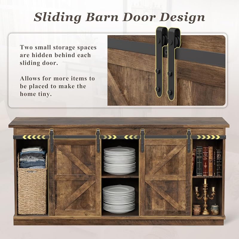 YESHOMY 58" TV Stand for TVs up to 65", Sliding Barn Doors, Barnwood image 5