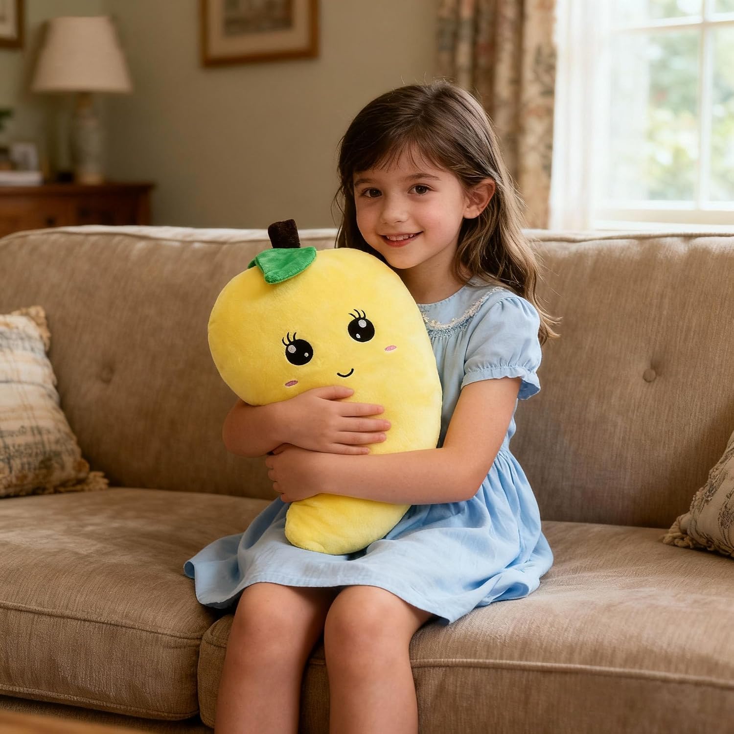 BABOLI Cuddly Mango Plush Toy Pillow Adorable Soft Fruit Stuffed Animal with Smile Face and Cute Expression Pretty Sweet Gifts for Kids Boys and Girls Present for Birthday or Party 17.7 Inches
