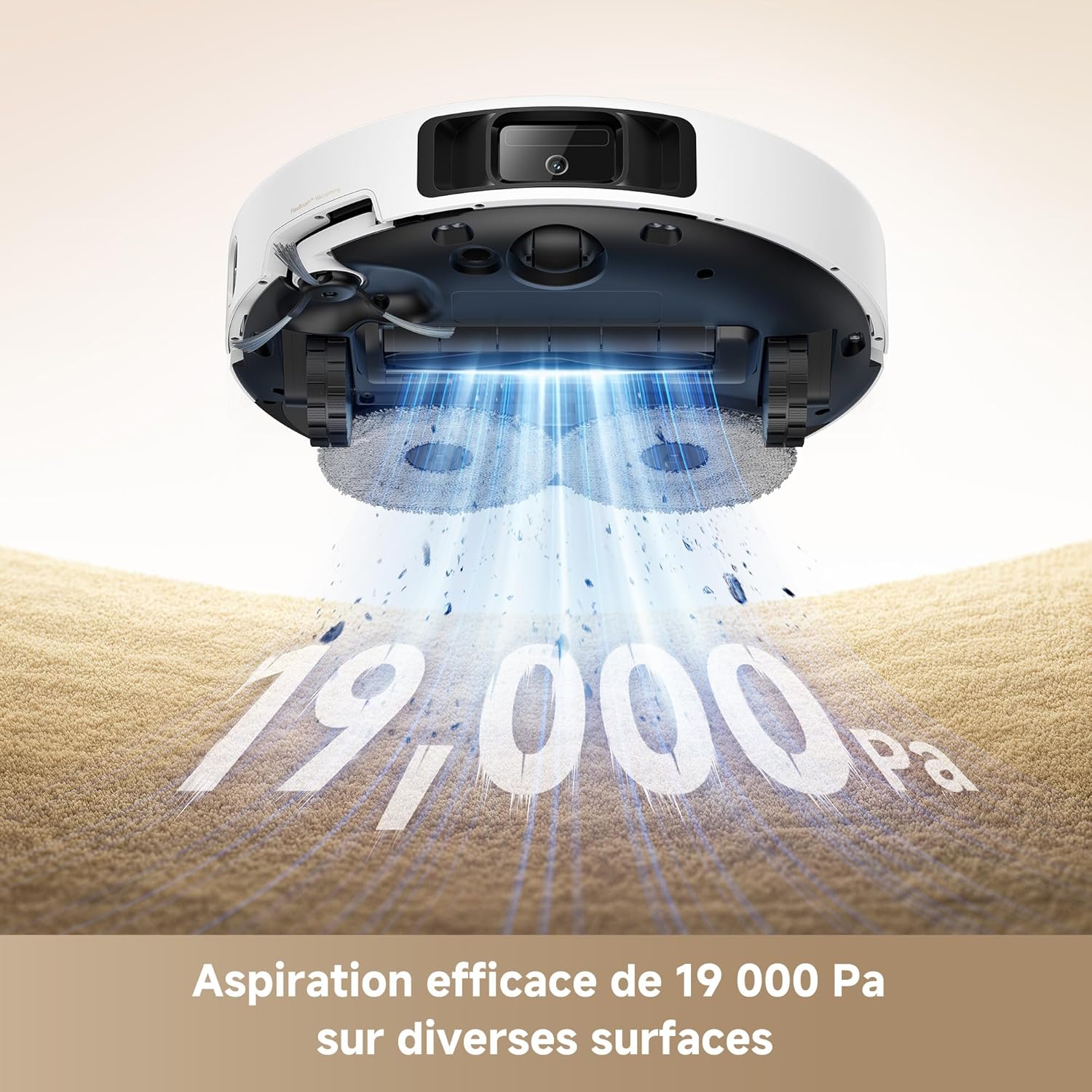 Visual representation of the MOVA P50 Ultra's powerful 19,000 Pa suction, lifting dirt from various surfaces.
