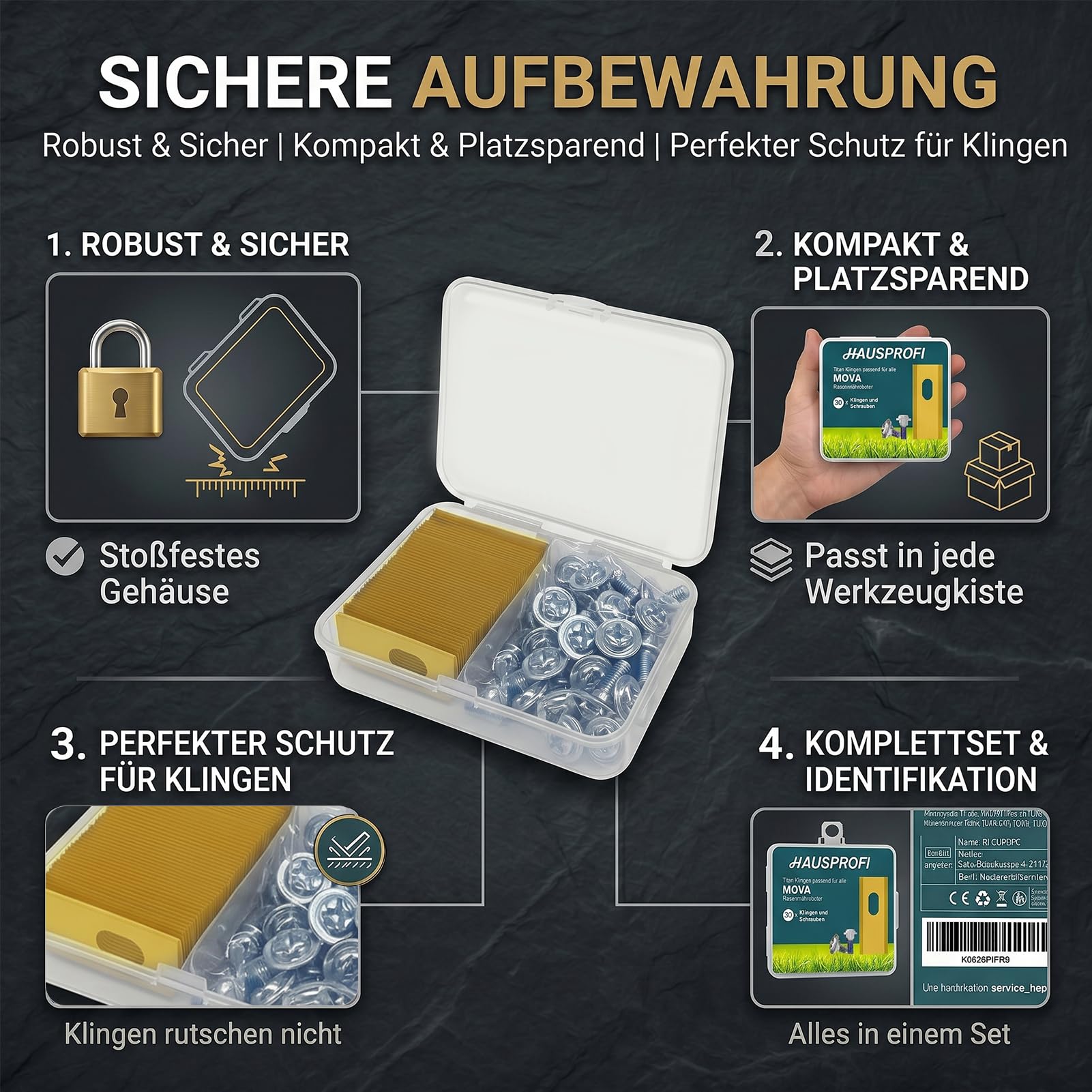 HAUSPROFI Lot de 60 lames de rechange en titane pour MOVA 600, 600 ensembles, 1000, LiDAX Ultra & NAVAX AWD Robot tondeuse certifié DIN EN 50636-2-107, 60 % plus durable, avec vis de sécurité et