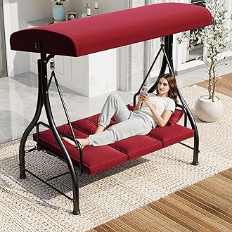 U-MAX Porch Swing Chair with Adjustable Backrest&Canopy, 3 Seat Patio Swing with Canopy 2-in-1 Convertible Outdoor Swing with Canopy Patio Daybed with Removable Burgundy Cushions
