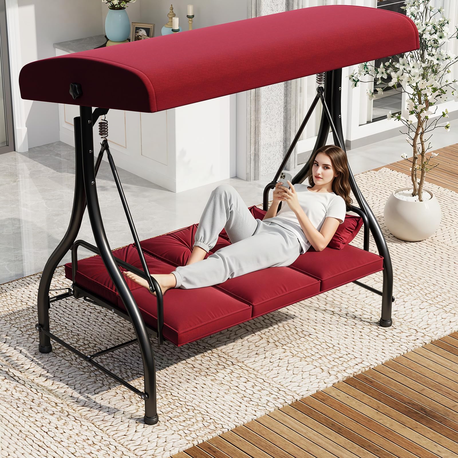 U-MAX Porch Swing Chair with Adjustable Backrest&Canopy, 3 Seat Patio Swing with Canopy 2-in-1 Convertible Outdoor Swing with Canopy Patio Daybed with Removable Burgundy Cushions