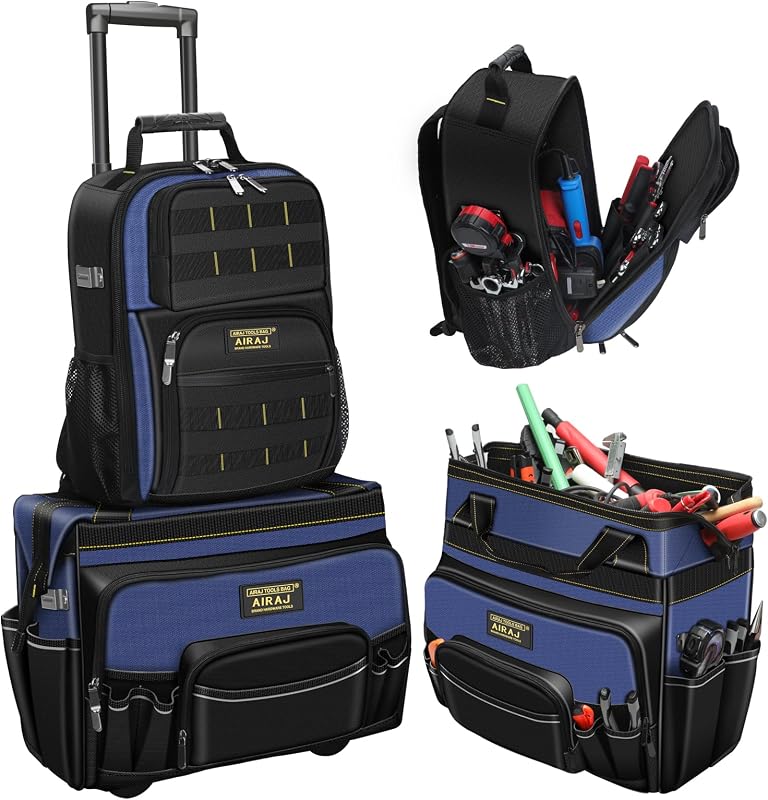 AIRAJ 21" Rolling Tool Bag with Wheels & 18" Tool Backpack Set | Adjustable Telescoping Handle | Waterproof Tool Bag | Tool Backpack Heavy Duty | 1680D Oxford Cloth | USB Charging Port | 55 Pockets