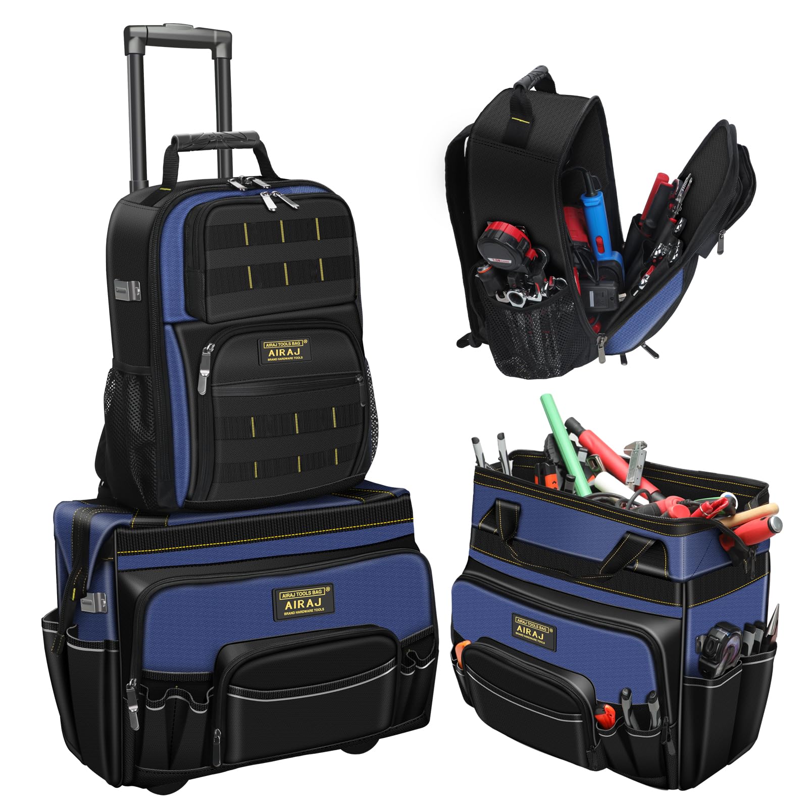 AIRAJ 21 Rolling Tool Bag with Wheels 18 Tool Backpack Set Adjustable Telescoping Handle Waterproof Tool Bag Tool