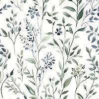ILHIIOR Blue Leaf Boho Peel & Stick Wallpaper - Vintage Green Leaf White Floral Removable Self-Adhesive 17.5"x393" for Walls, Cabinets