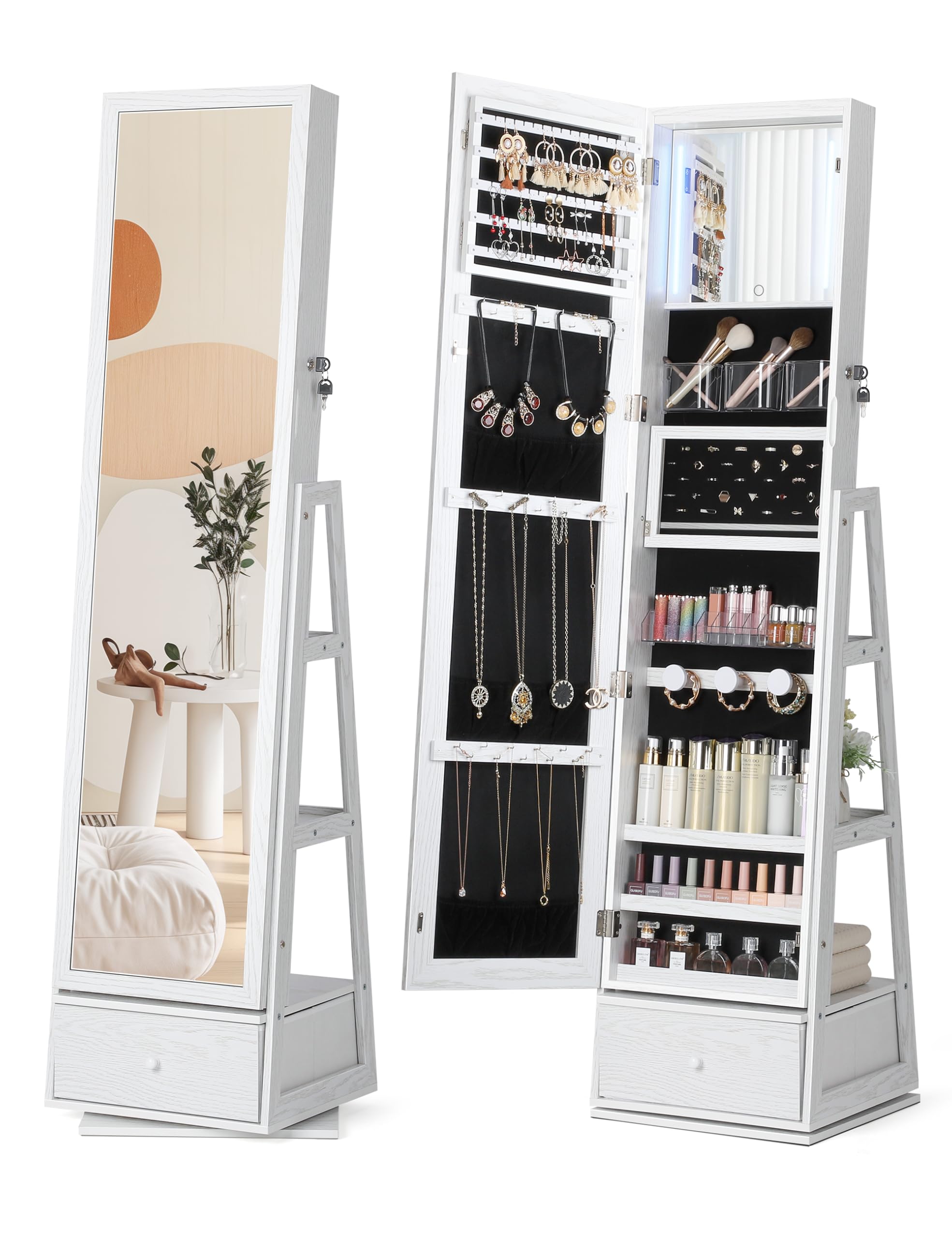 NicetreeNicetree 360° Rotating Jewelry Cabinet with Lights - Full-Length Mirror Jewelry Armoire Organizer with Touch Screen Vanity Mirror, Storage Drawers & Shelves for Necklaces, Earrings, White