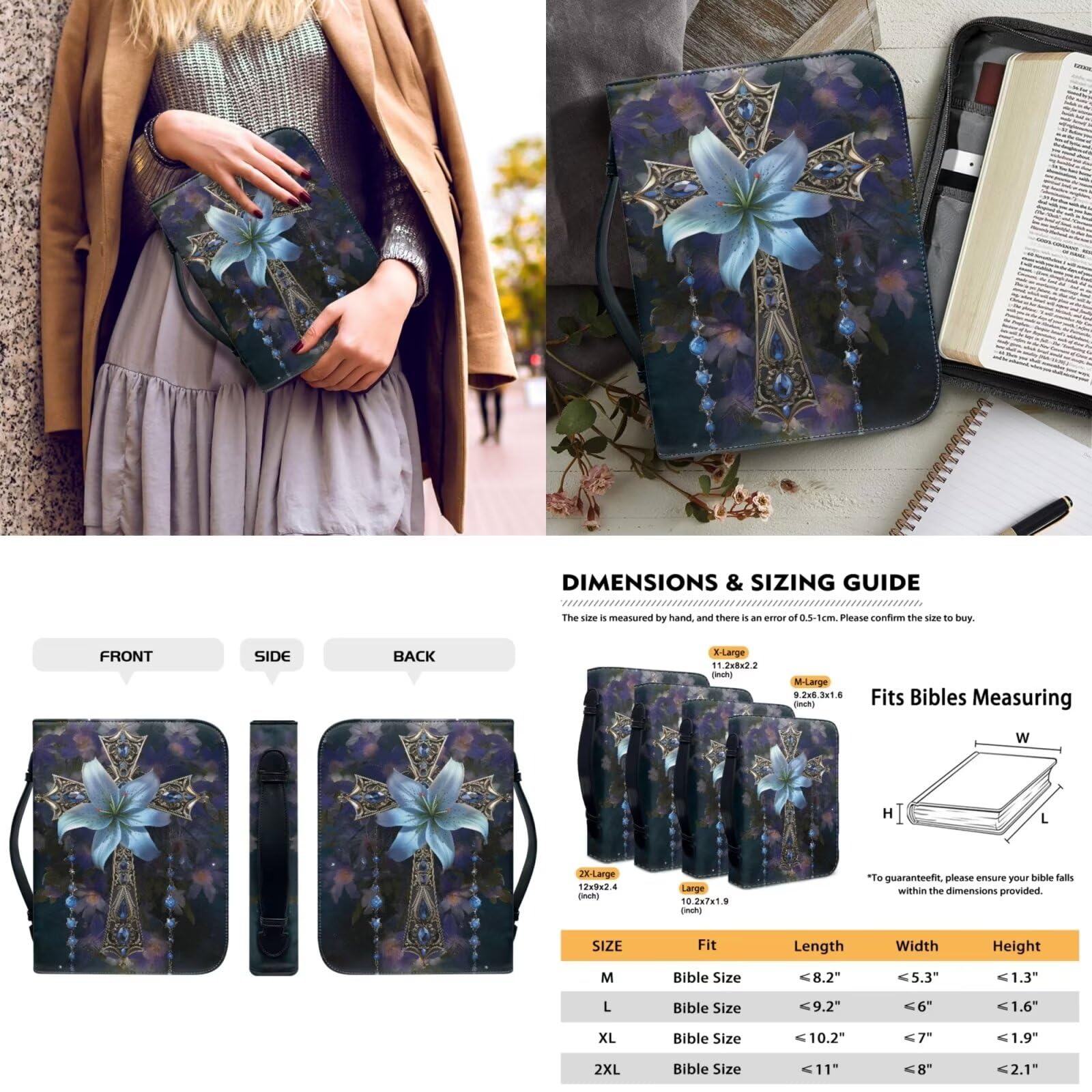 Suhoaziia Leather Bible Covers for Women Men Diamond Cross Floral Bible Case Bible Bag with Pockets Zipper Book Cover Study Bible Book Case with 2 Bookmarks 3Pcs Set - Image 3
