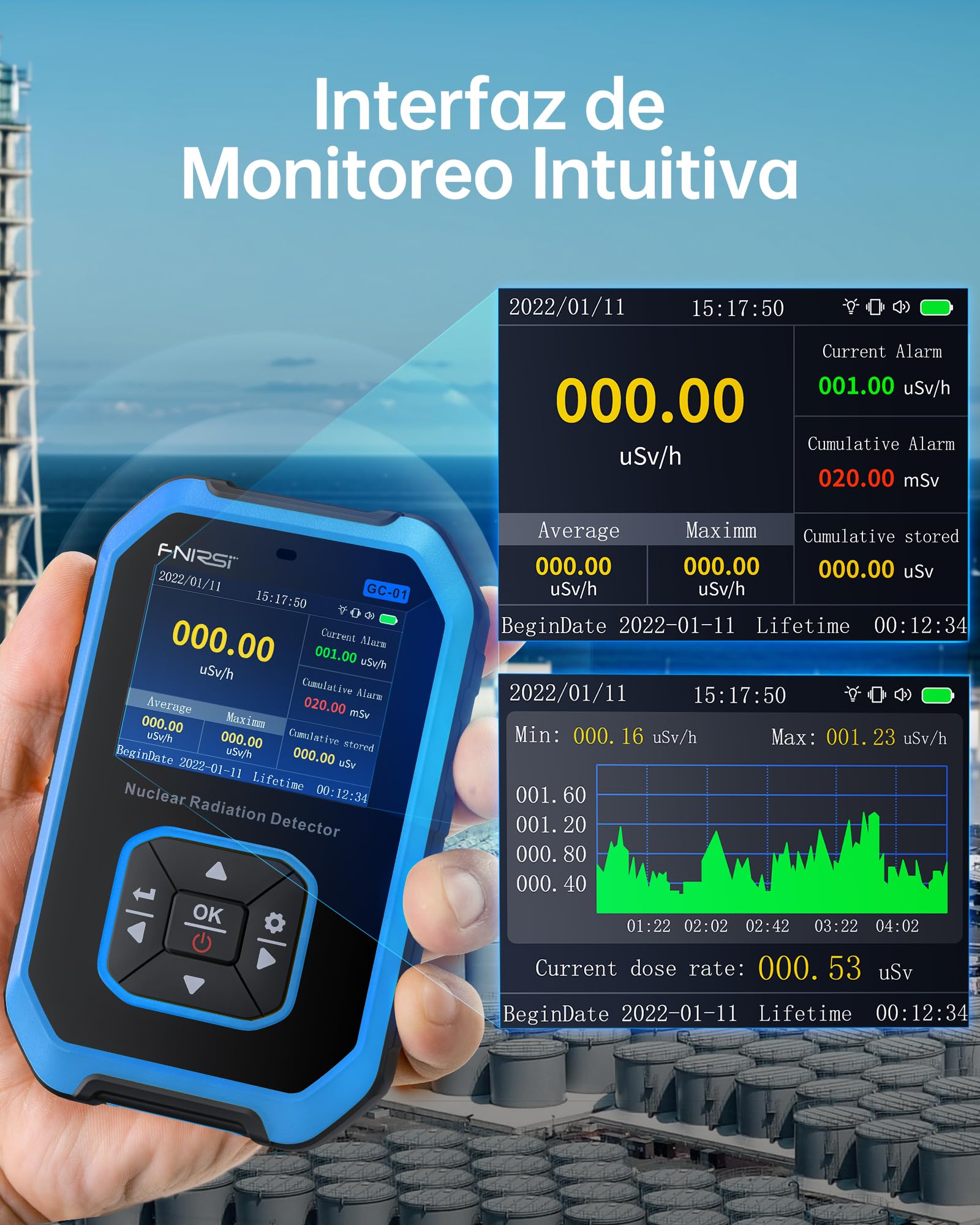 FNIRSI GC-01 Detector de Radiación Nuclear con Contador Geiger - Dosímetro de Radiación con Pantalla LCD, Medidor Portátil de Radiación Beta-Gamma Recargable, 5 Unidades de Dosis Conmutables