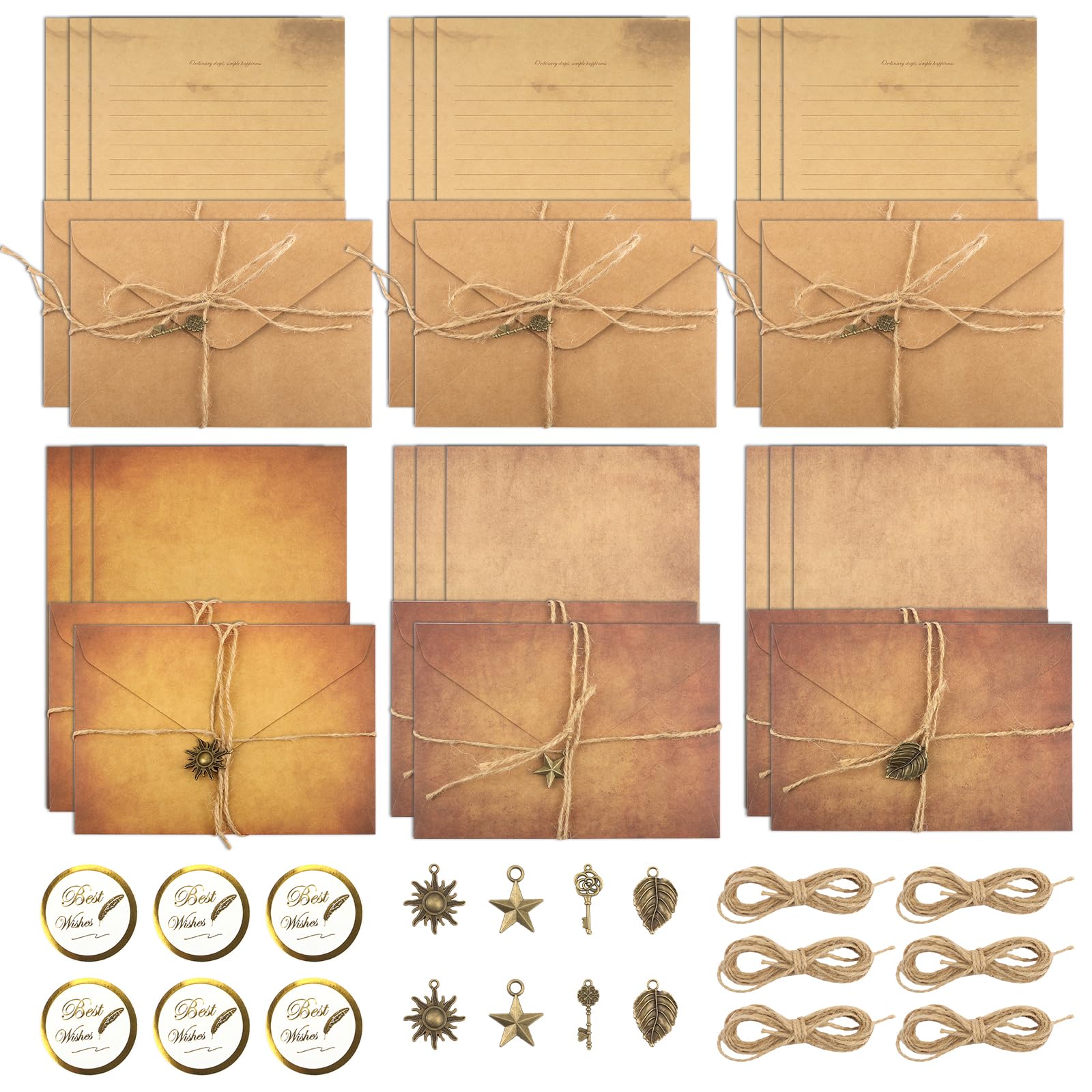 66 PCS Vintage Letter Writing Set with Envelopes, 24 Sheets Writing Paper, 12 Envelopes, 12 Pendants, 12 Jute Twine, & 6 Stickers, Great for Handwritten & Printed Letters, Invitations, & DIY Projects