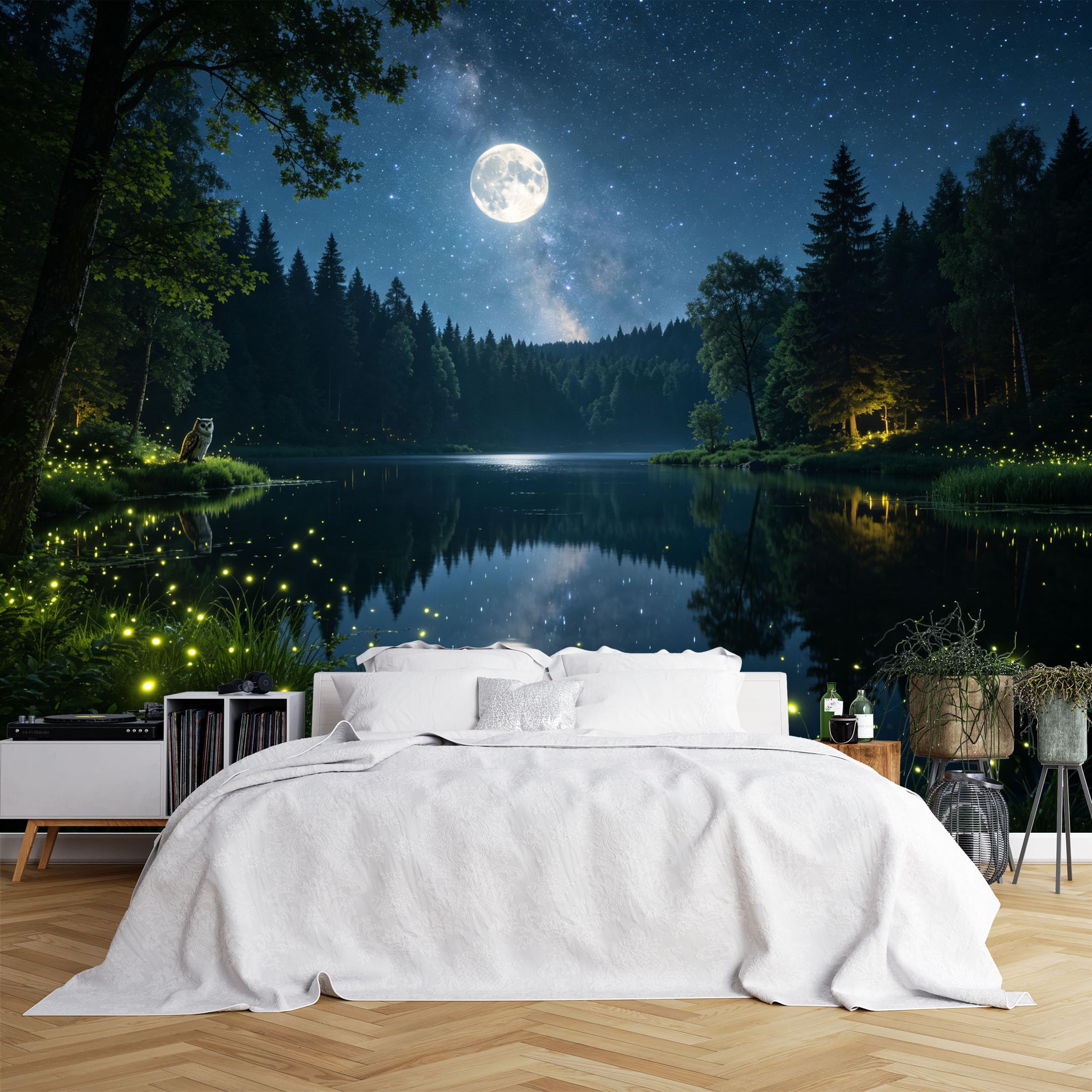 Lcythiazole Ch260615212 Custom Size Wall Murals Full Moon Lake Owl Firefly Night Forest Vivid Self-Adhesive Wall Fabric (No Pvc) Removable Wallpaper For Bedroom Decor