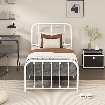 Metal Bed Frame with Headboard and Footboard, Twin Size, White, No Box Spring, Easy Assembly
