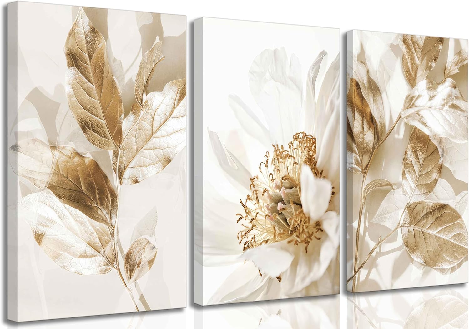 Photo 1 of  3 Pcs Modern White Floral Golden Leaves Canvas Wall Art Neutral Boho Beige Botanical Painting Pictures Nordic Wall Decor Posters Print Artwork for Bedroom Living room Office Home Decoration 