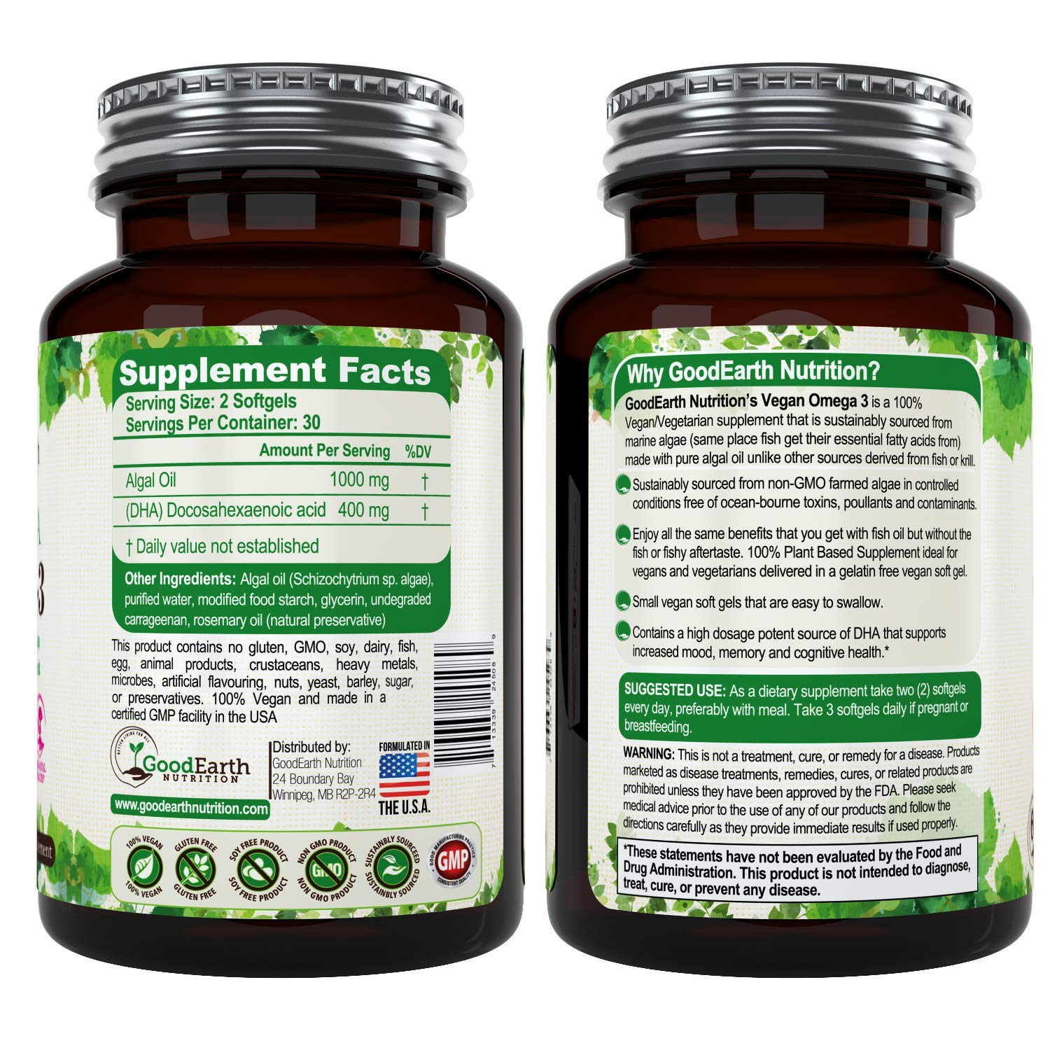 Vegan Omega 3 - Potent Plant Based Algal DHA derived from Marine Algae -  Better than Fish Oil - 60 Veggie Softgels - Supports Brain, Heart, Joints \u0026  Prenatal Health - Essential