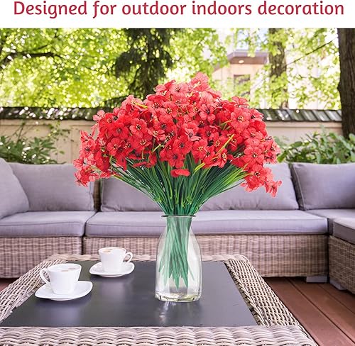 Miniatura 5 de Janinka 48 paquetes de flores artificiales rojas para exteriores, resistentes a los rayos UV, flores de plástico falsas, plantas que no se