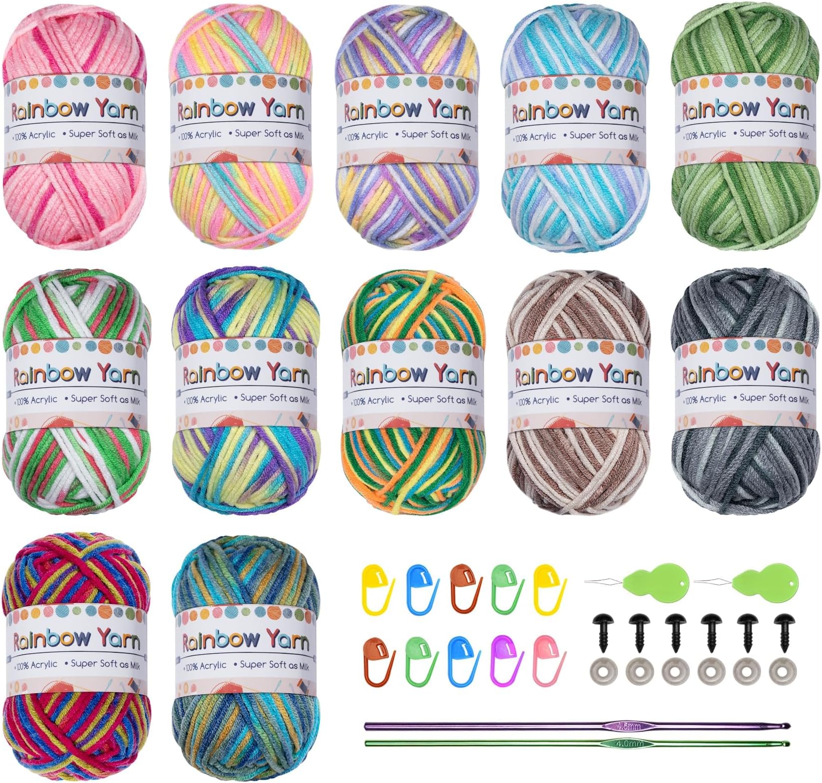 ilauke 300g (12 X 25g) Crochet Yarn Kit, Acrylic Yarn for Beginners,Hooks Stitch Markers, Hand Knitting Yarn, Crochet Kits for Beginners (Multi-Colored, 5-Ply)