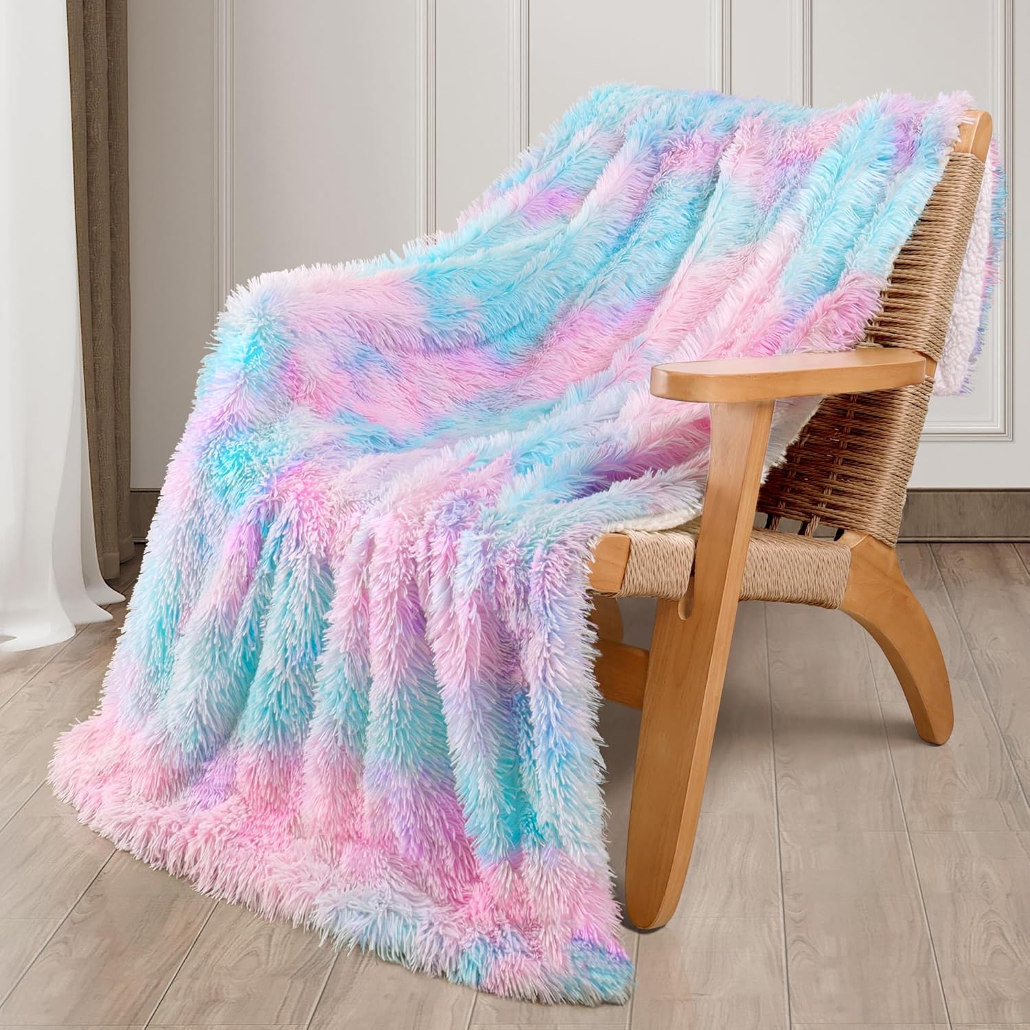 Exclusivo Mezcla Fuzzy Faux Fur Throw Blanket, Reversible Shaggy Sherpa Fleece Tie Dyed Blankets, Fluffy Plush Warm Throws for Couch, Bed, 50x60 Inches, Blue Pink - Image 2