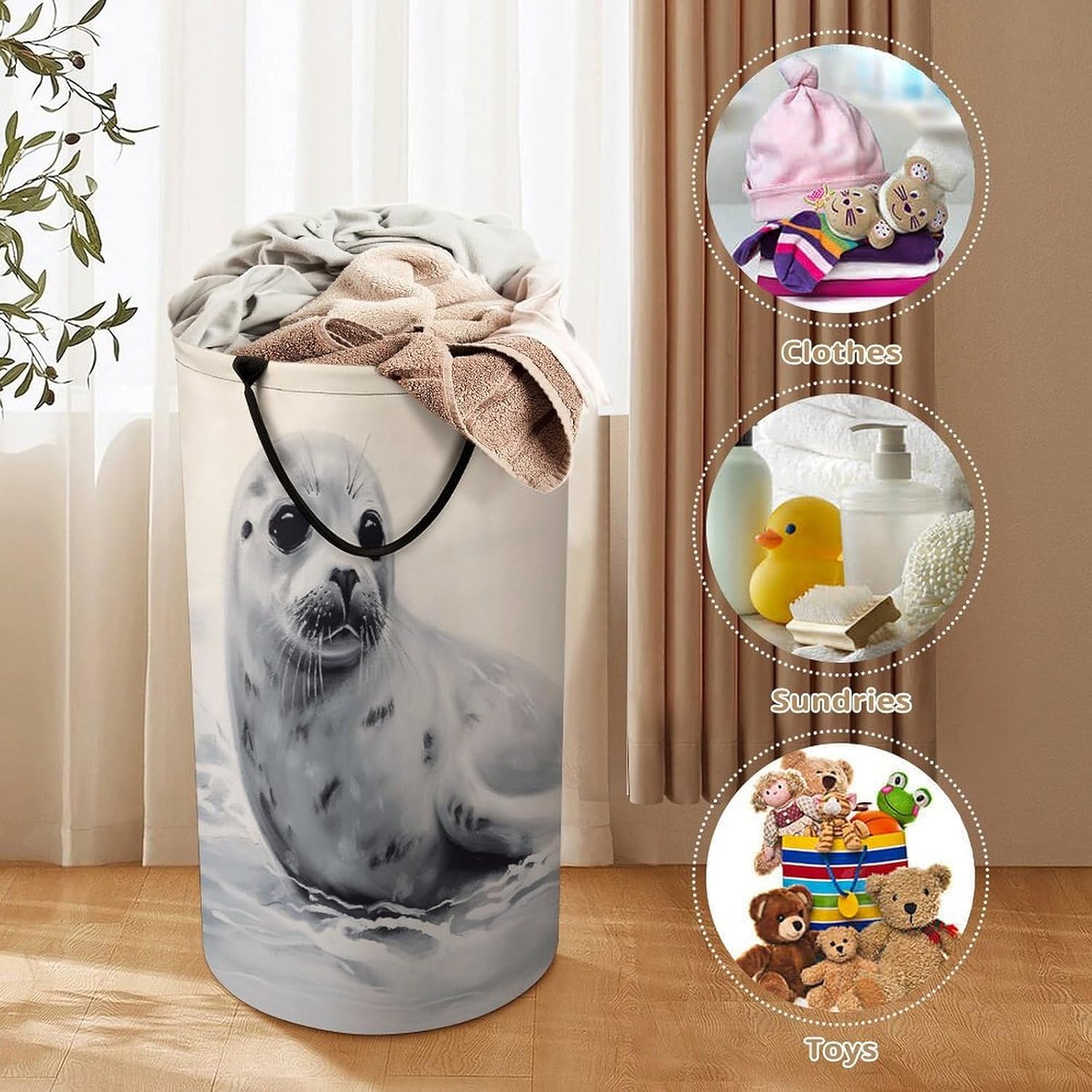 Harp Seal Painting Laundry Hamper with Handles Waterproof Collapsible Laundry Basket Large Lightweight Round Dirty Clothes Hamper for Home Dorm Bathroom Decor